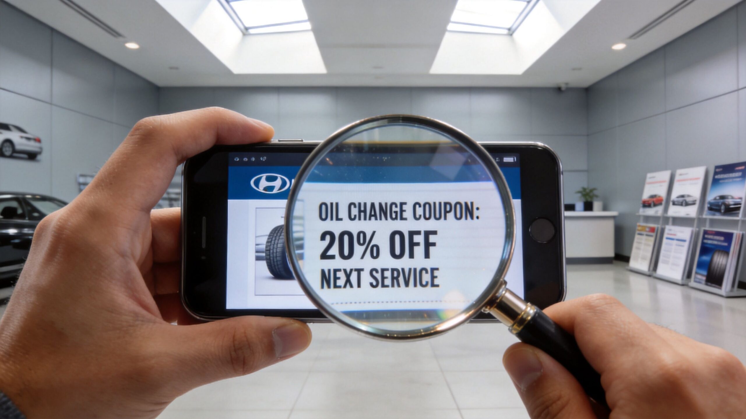 A hand holds a magnifying glass over a phone screen showing a 20% off oil change coupon.