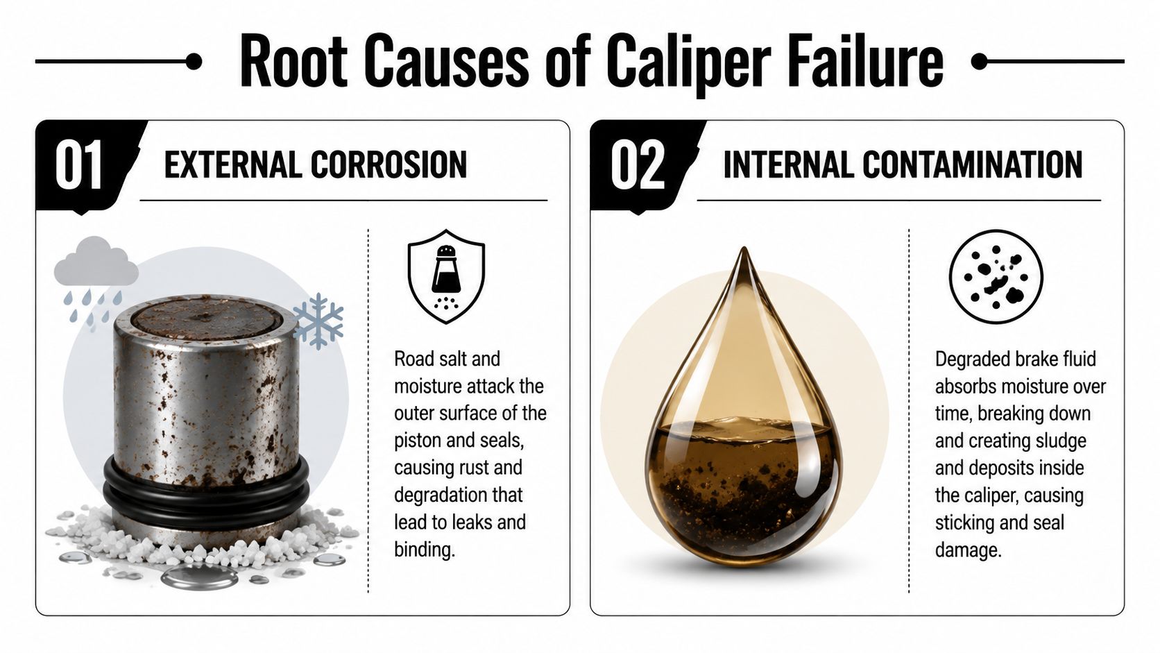 An infographic showing two primary root causes of brake caliper failure: external corrosion and internal fluid contamination.
