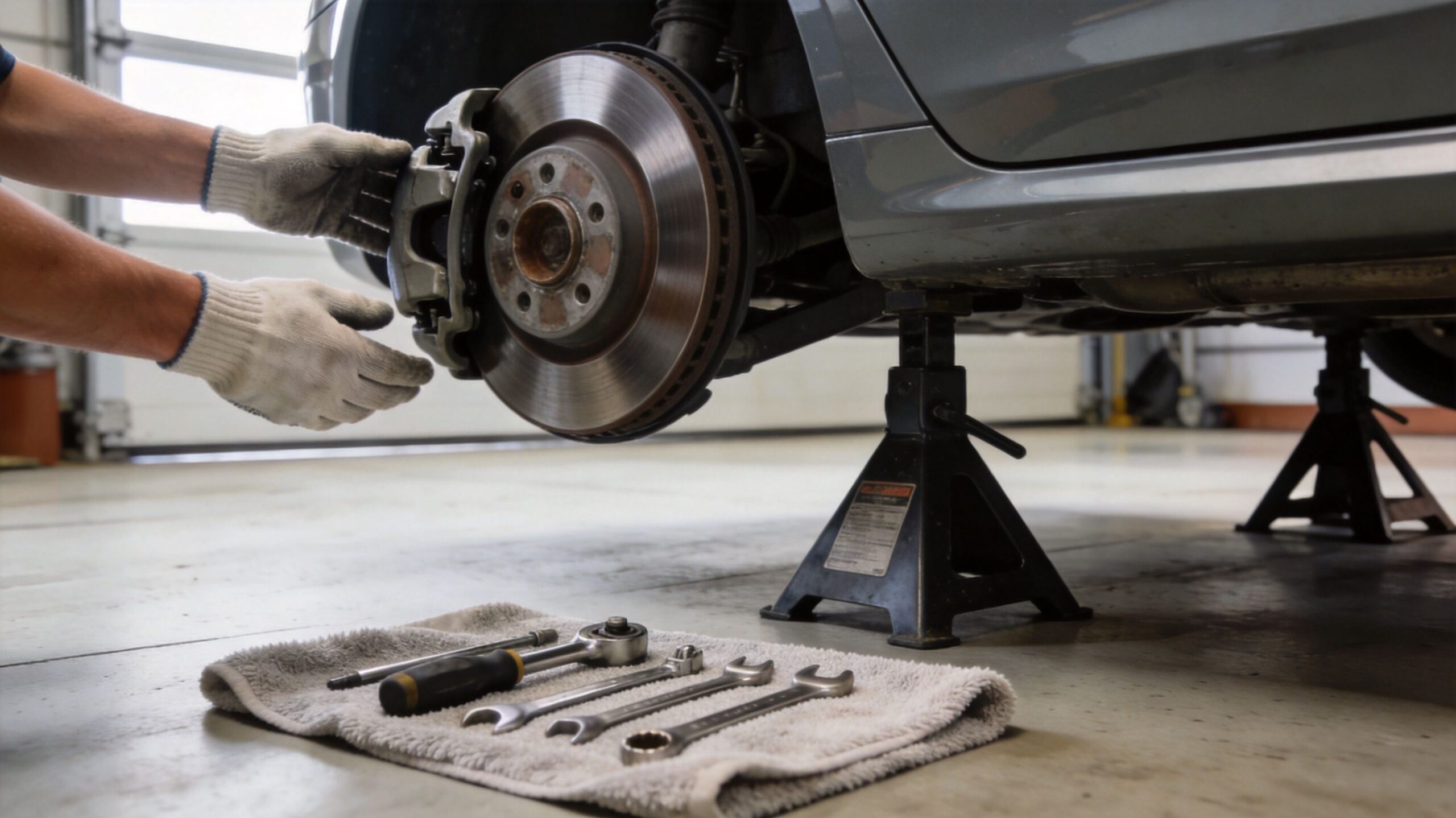 A mechanic wearing protective gloves works on a car brake caliper while using jack stands.
