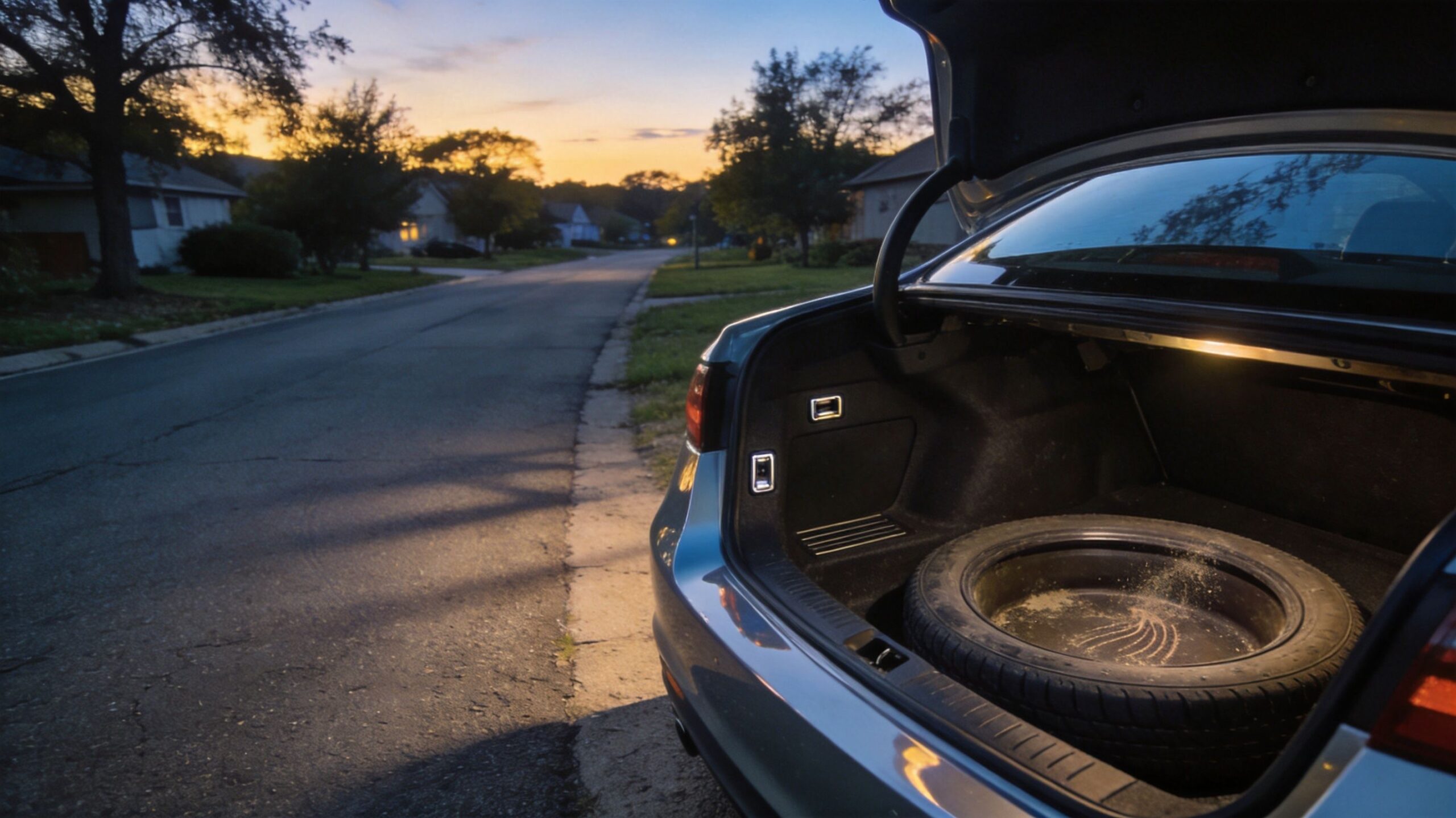 An open car trunk parked on a suburban street at dusk containing a single spare tire.