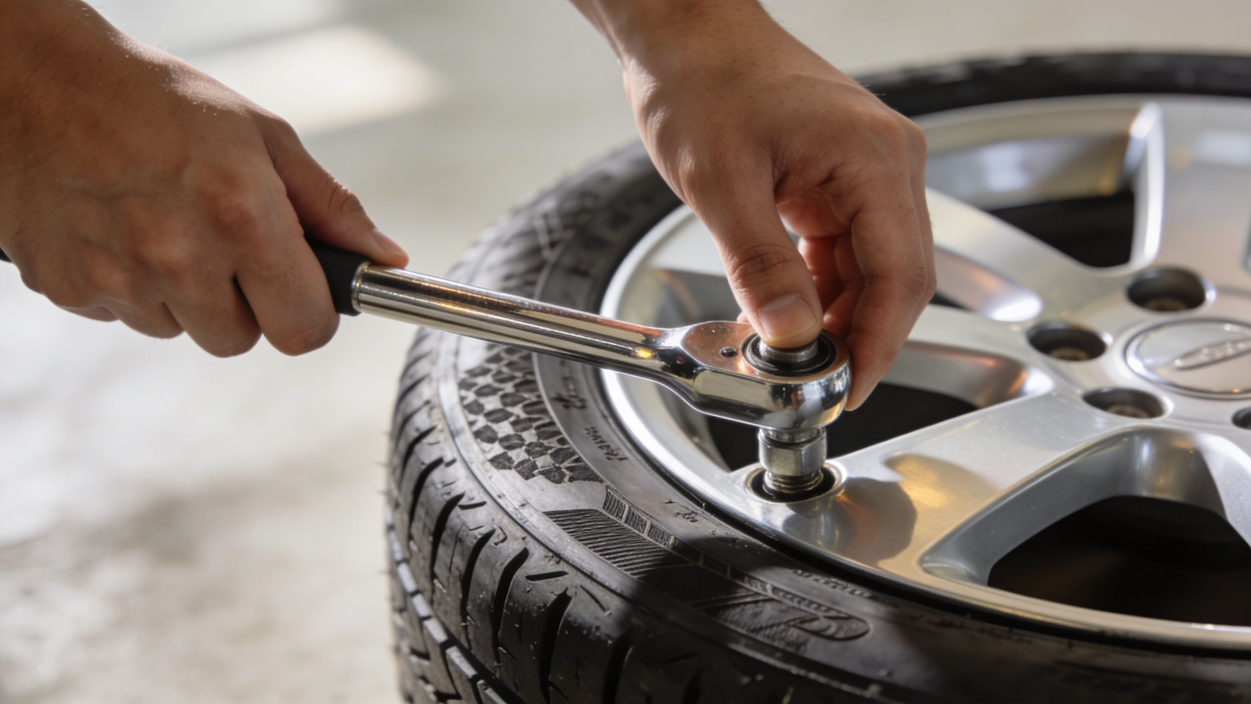 A mechanic using a ratchet wrench to tighten a lug nut on a car wheel assembly.
