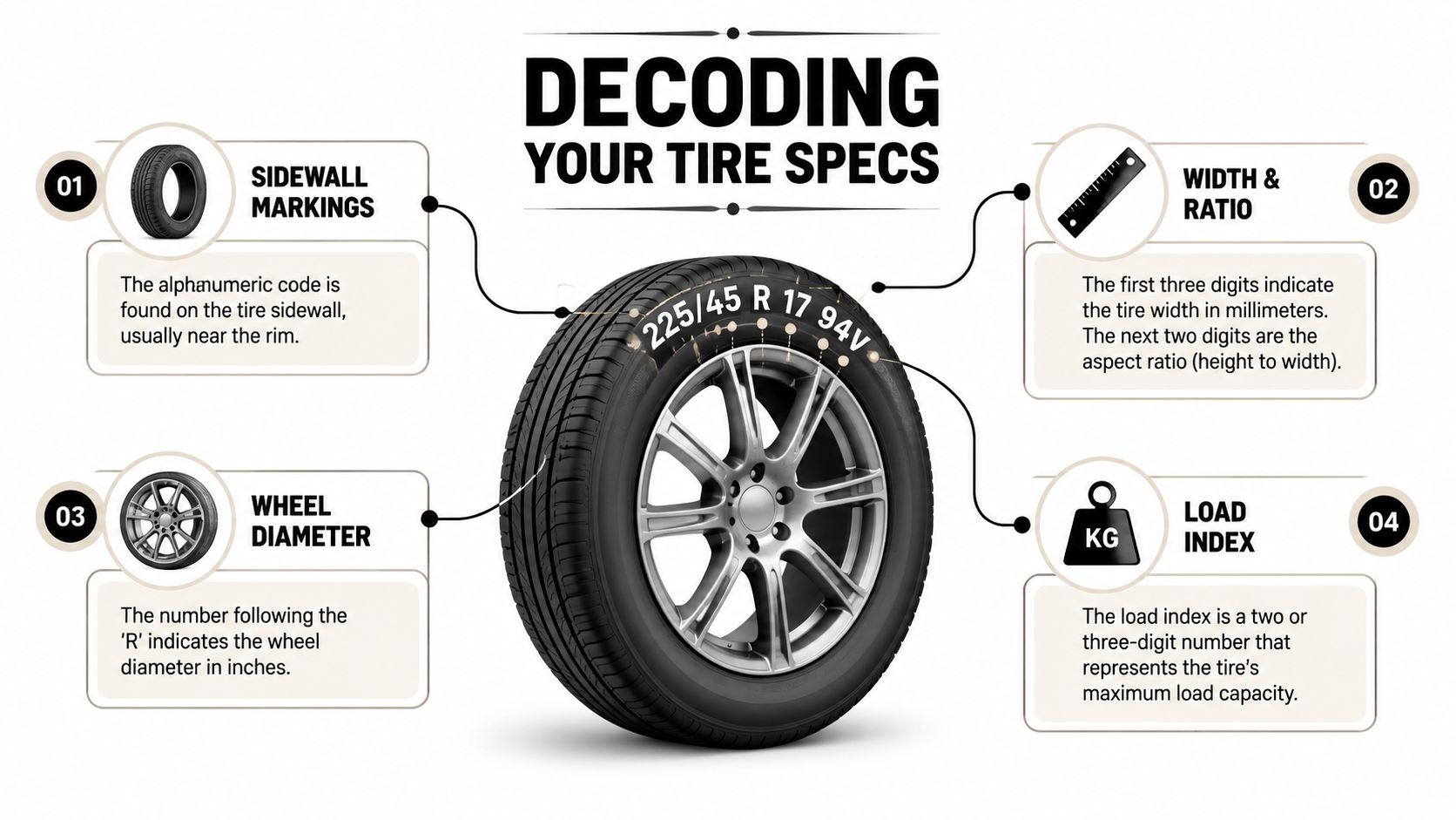 A visual guide explaining how to interpret the alphanumeric tire specifications found on a vehicle sidewall.