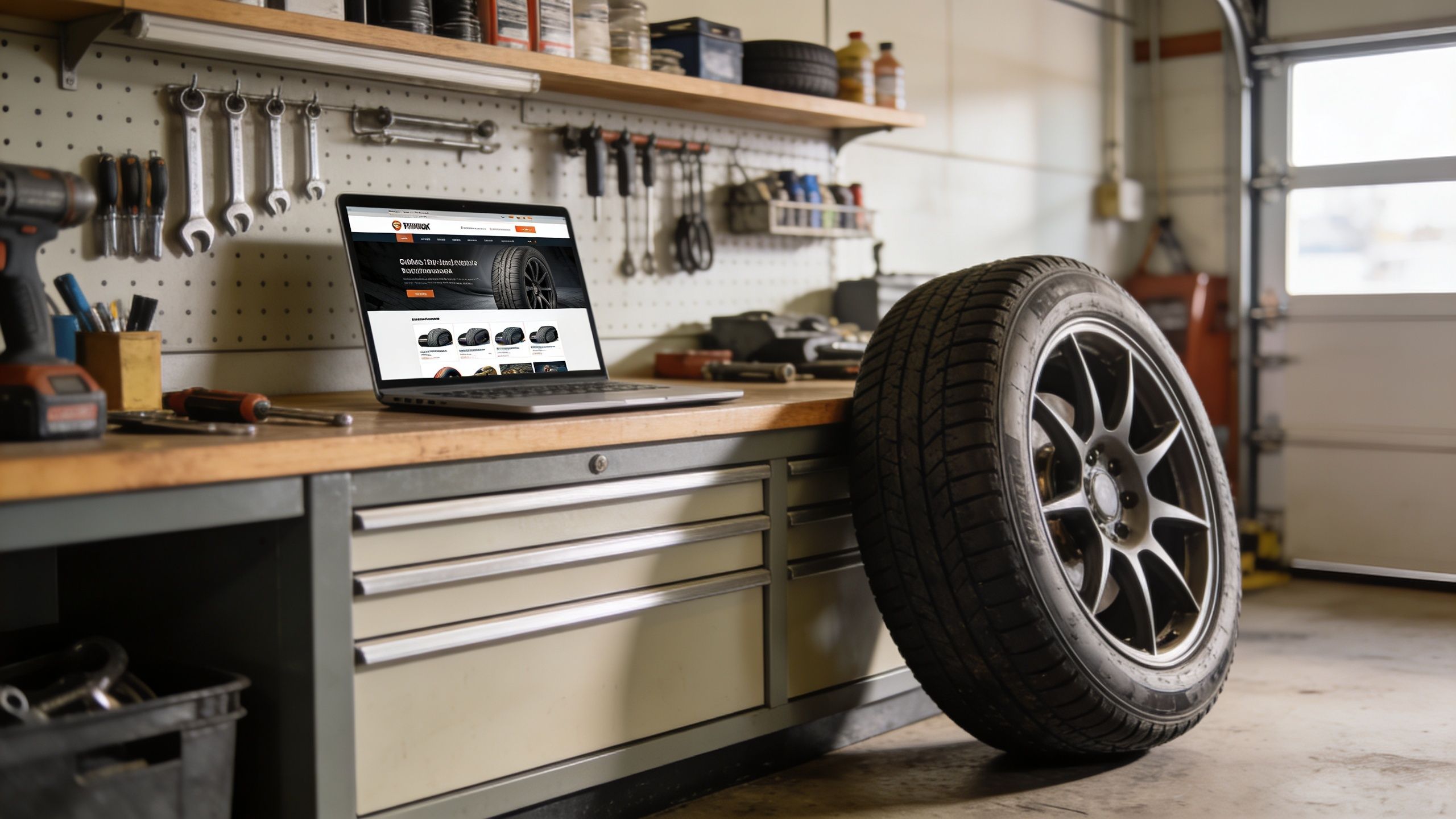A laptop showing a tire retail website sits on a workbench next to a car wheel.