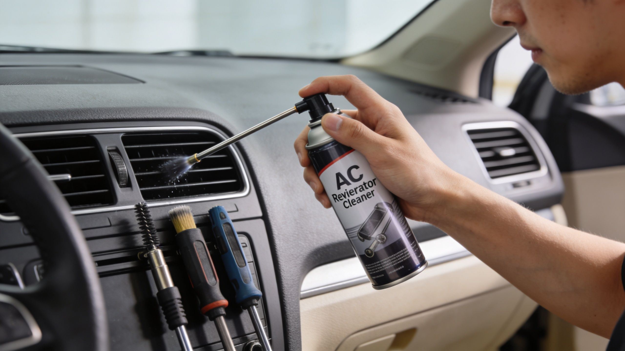 A person using an AC revierator cleaner spray can to clean the air conditioning vents in a car.