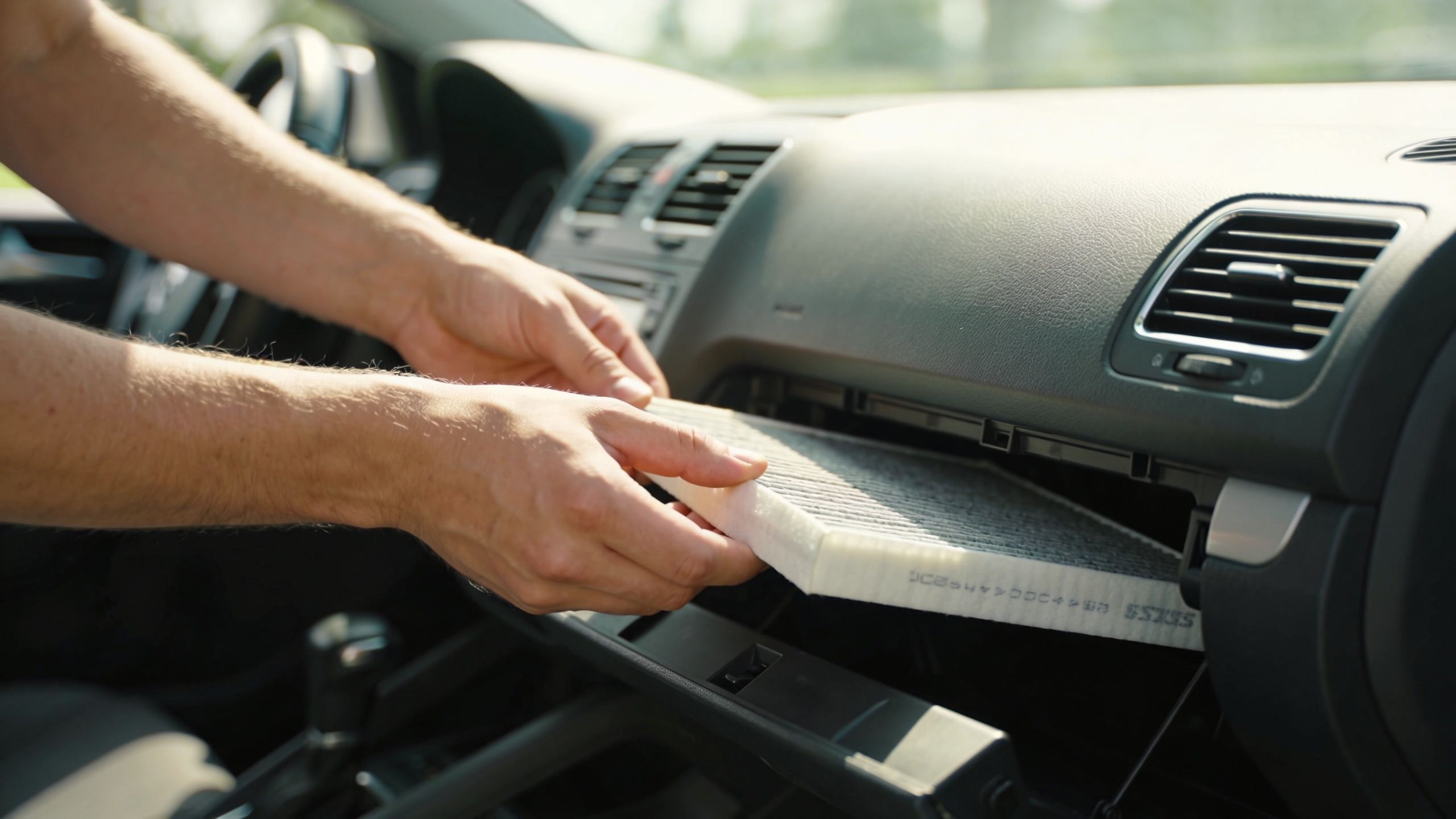 A person replacing a dirty car cabin air filter located inside the vehicle's glove compartment area.