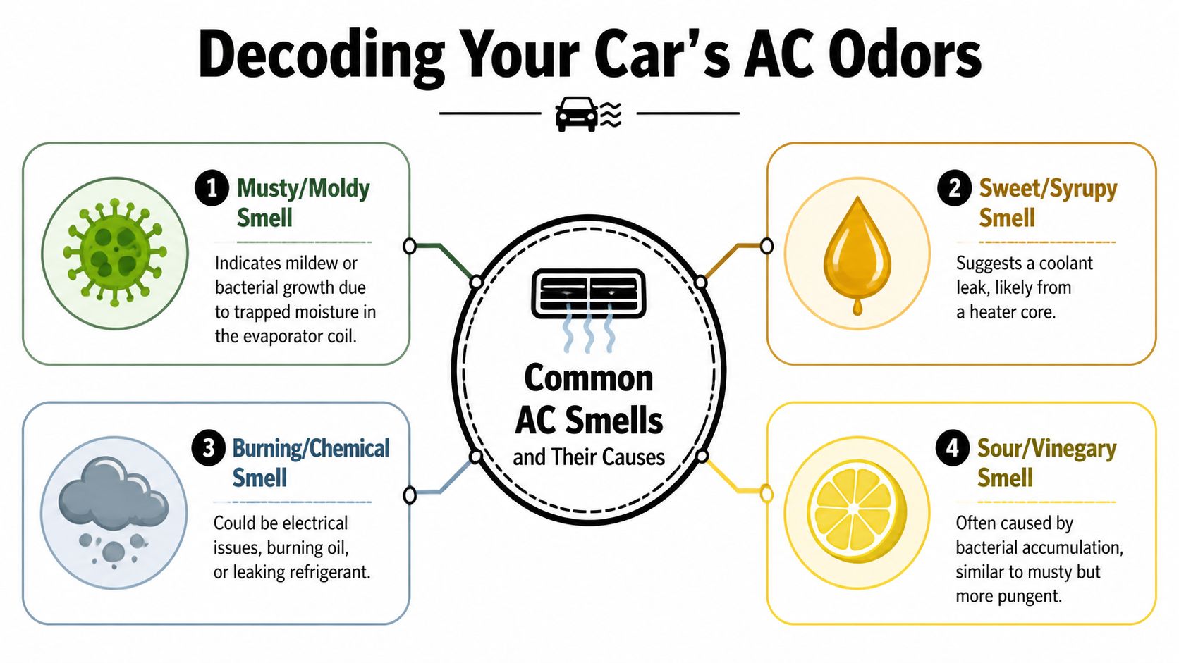 An infographic titled Decoding Your Car's AC Odors explaining common air conditioning smells and their mechanical causes.