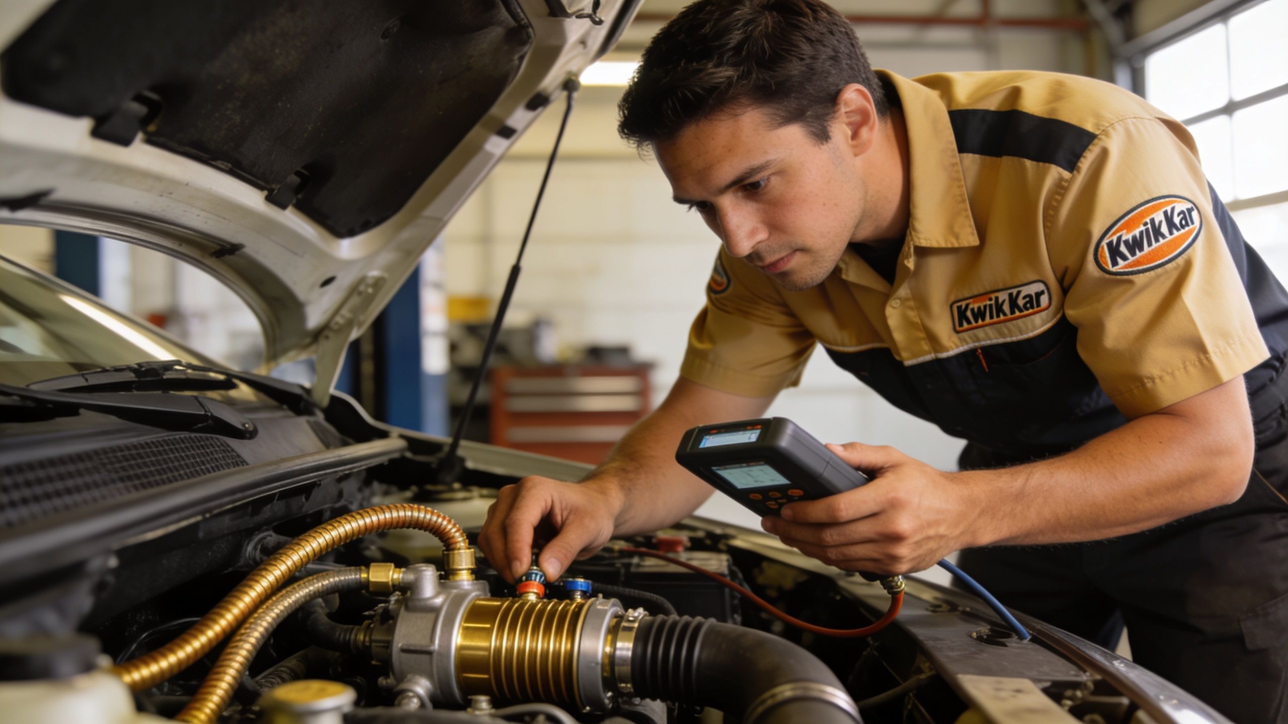 A professional mechanic in a Kwik Kar uniform inspecting a car air conditioning system with diagnostic equipment.
