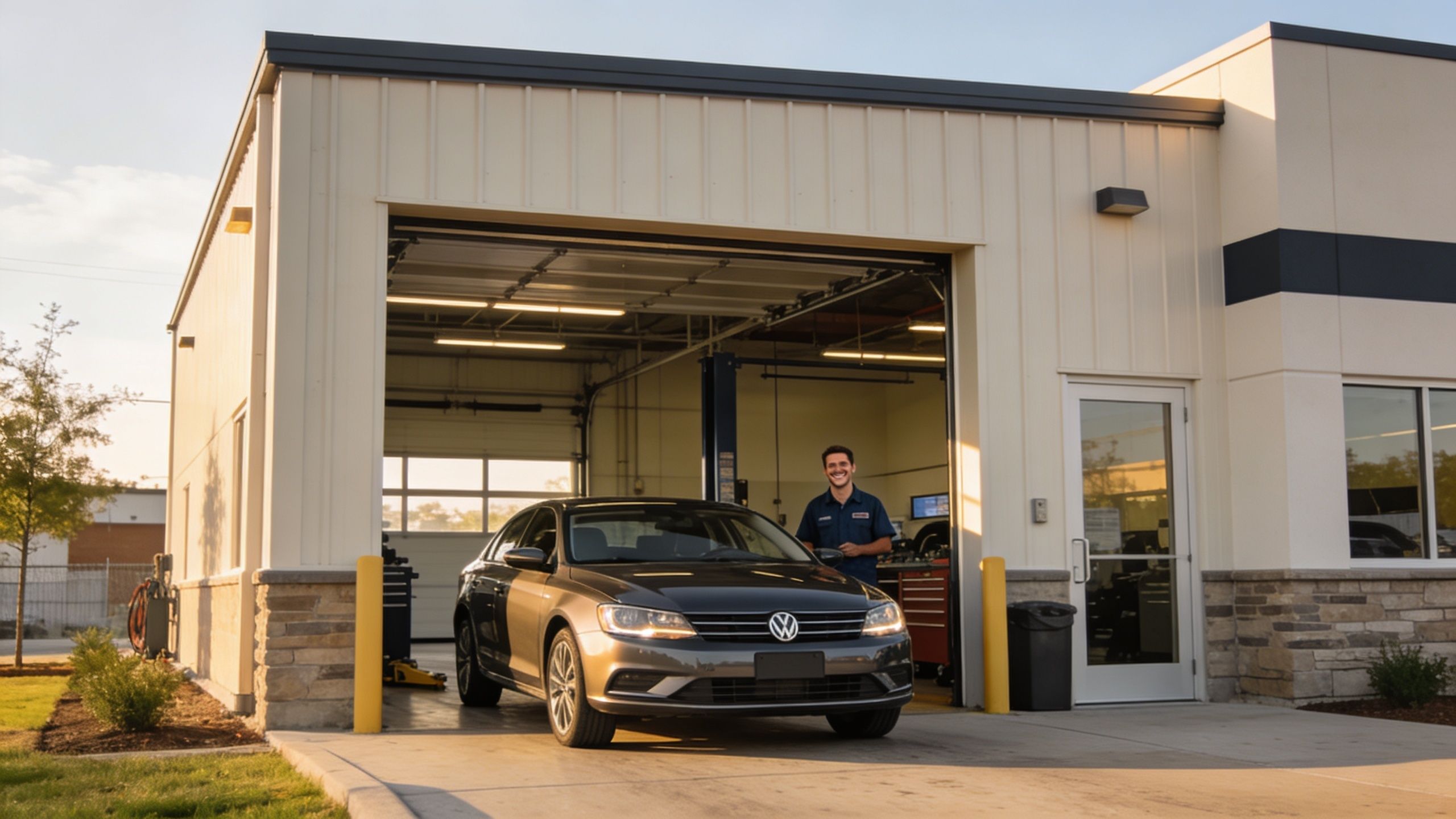 A friendly mechanic standing in a car service center bay next to a parked Volkswagen sedan.