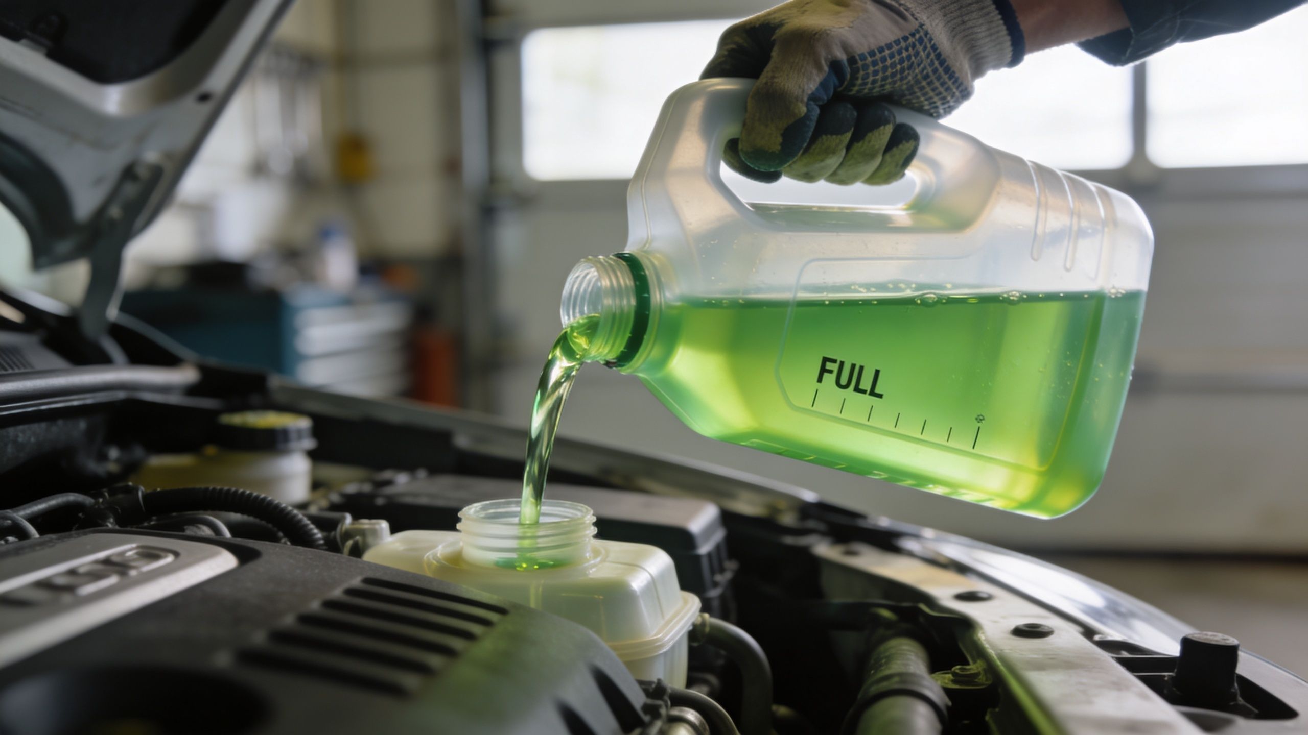 A mechanic wearing work gloves pouring green engine coolant fluid into a car's reservoir tank.