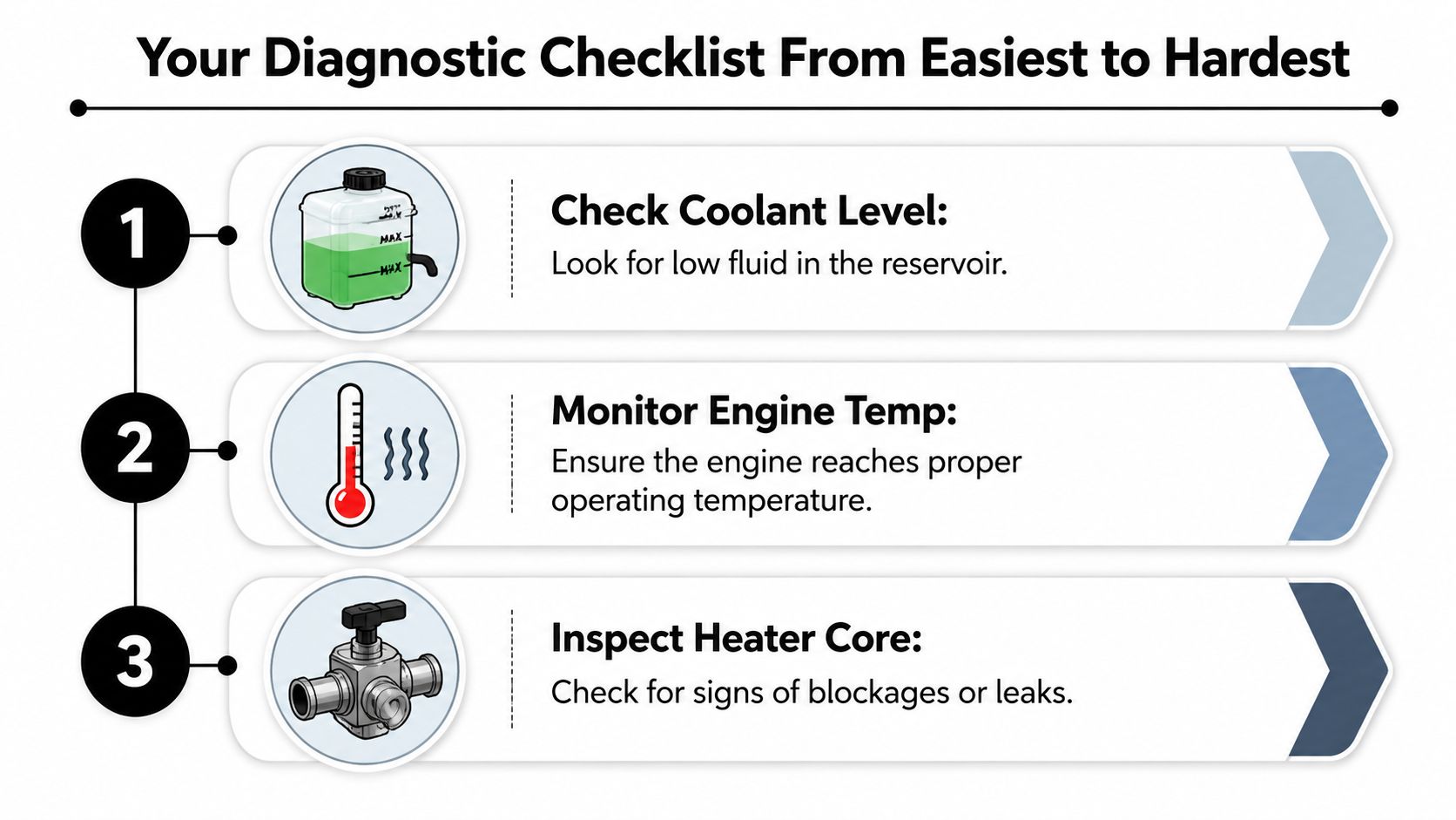 A diagnostic checklist for a car heater not getting hot, ordered from easiest to hardest tasks.