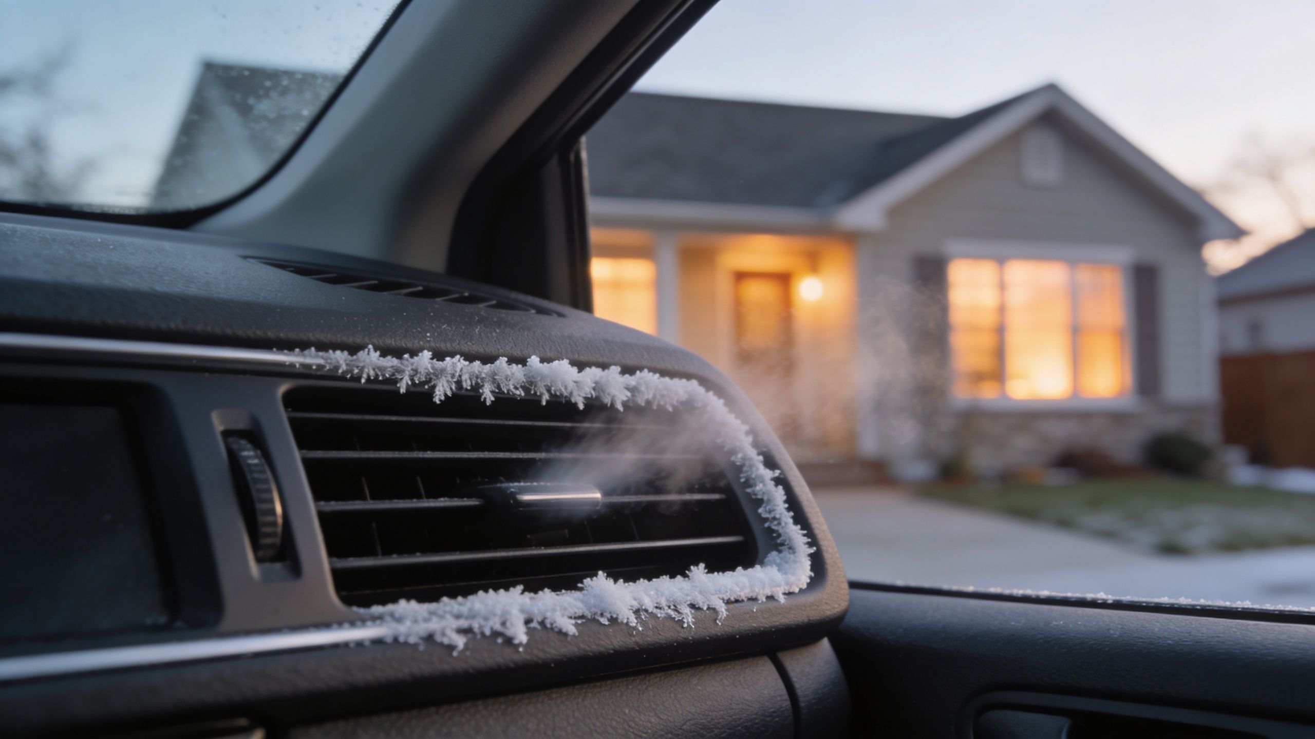 A car dashboard air vent covered in ice crystals blowing cold air on a freezing winter morning.