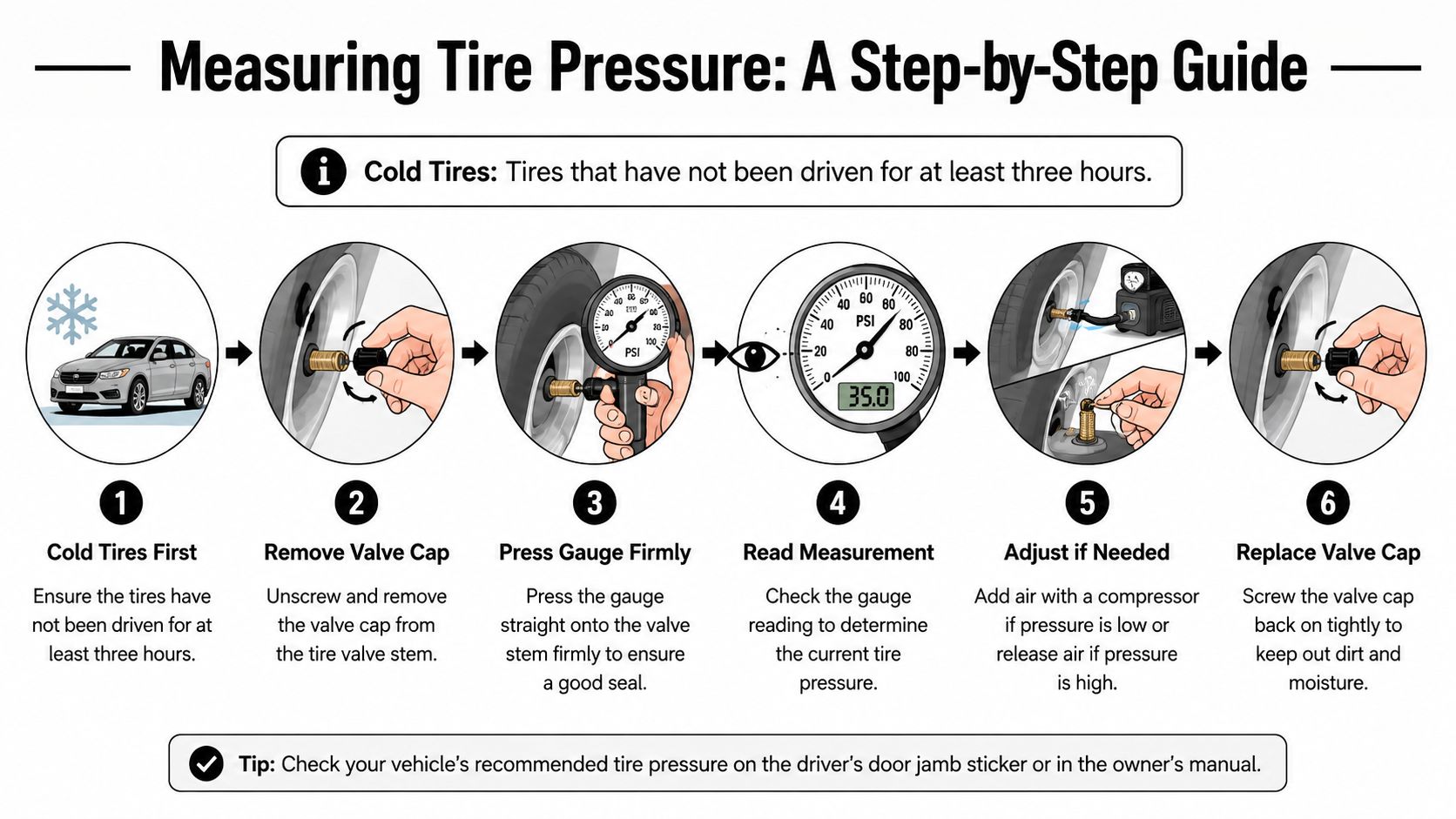 A six-step infographic guide illustrating the correct process for measuring vehicle tire pressure using a gauge.