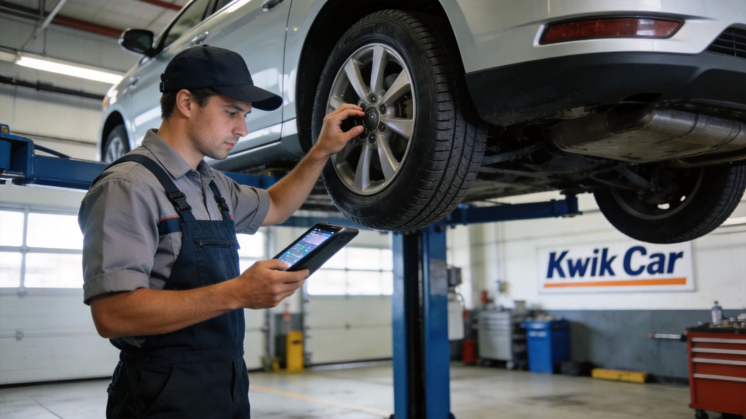 A professional mechanic in uniform using a diagnostic tablet to check tire pressure in a repair shop.