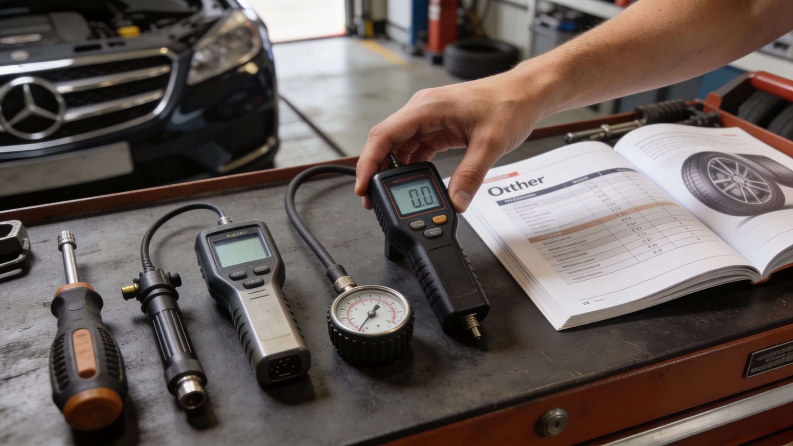 A mechanic holding a digital tire pressure gauge over a repair manual in an auto shop.
