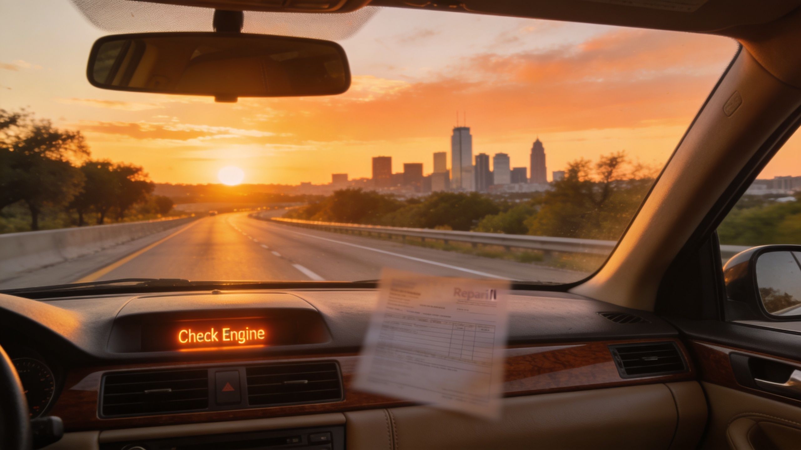 A car dashboard displaying a check engine light warning while driving toward a sunset city skyline.