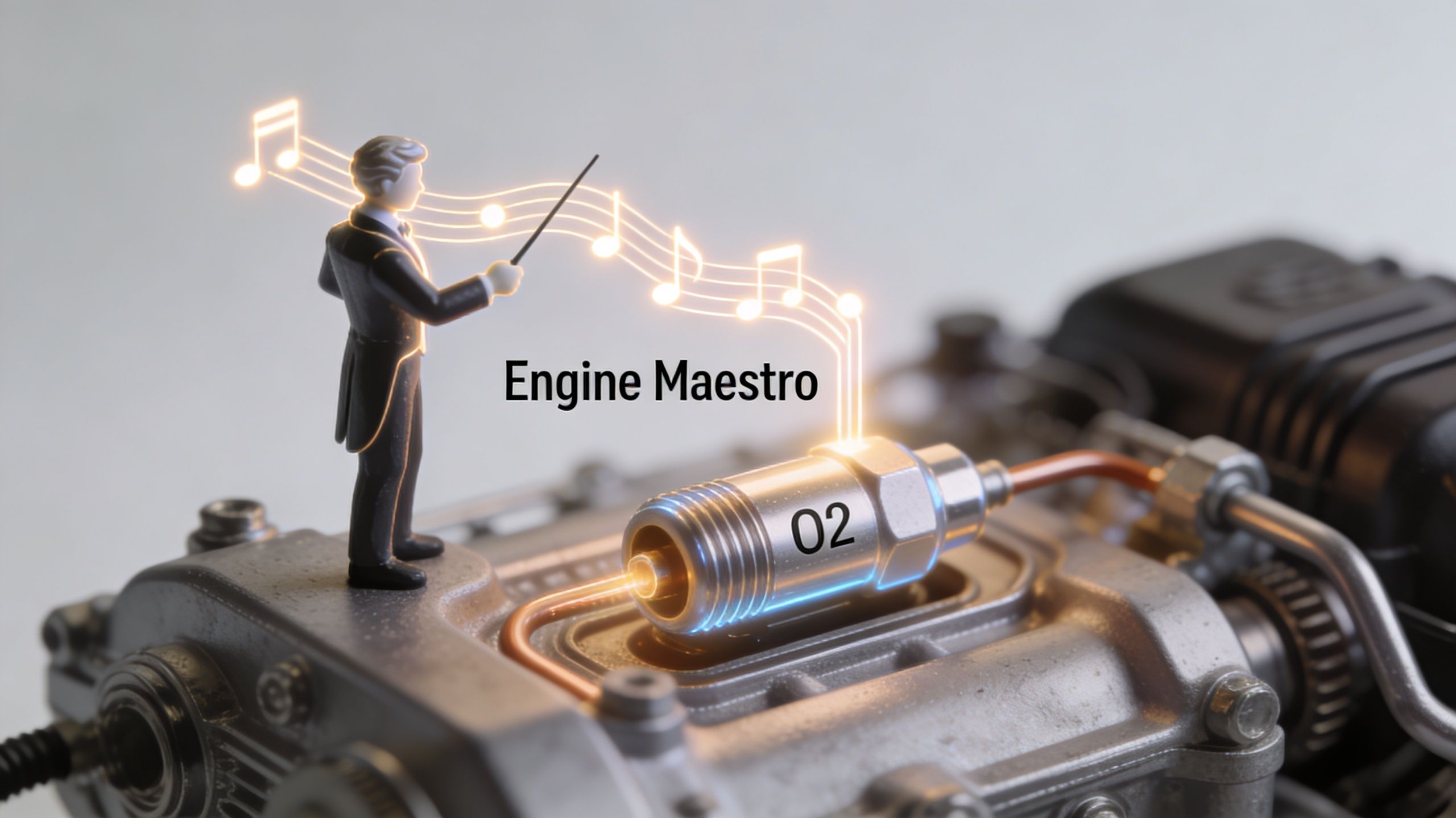 A miniature conductor stands on a car engine, directing musical notes emitted from an oxygen sensor.