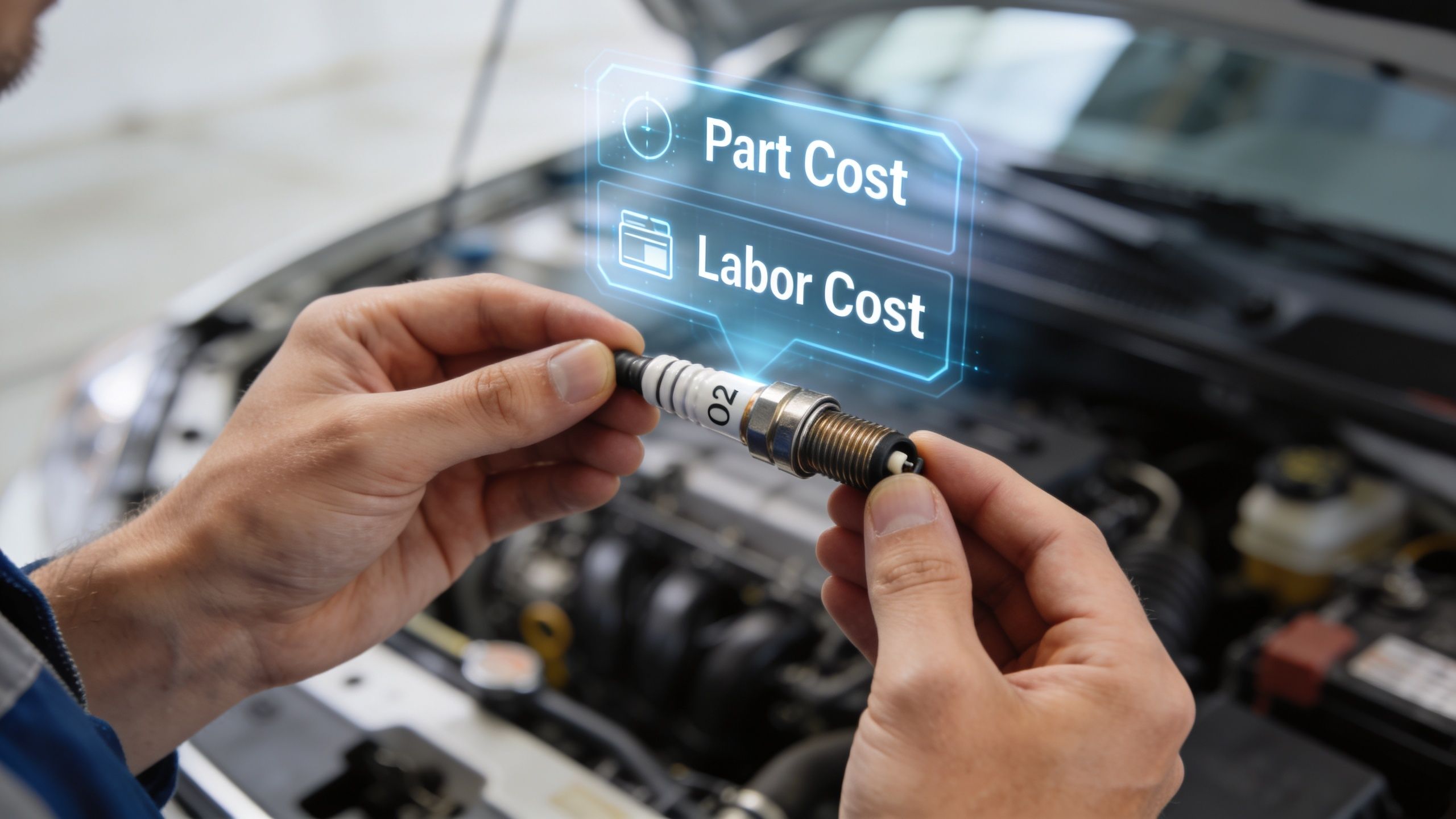 A car mechanic holding an oxygen sensor with digital labels showing part and labor costs displayed nearby.