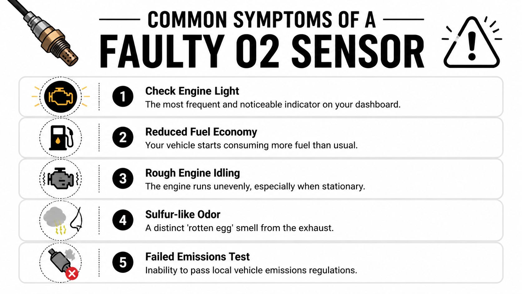 An infographic illustrating five common symptoms of a faulty O2 sensor in a vehicle.
