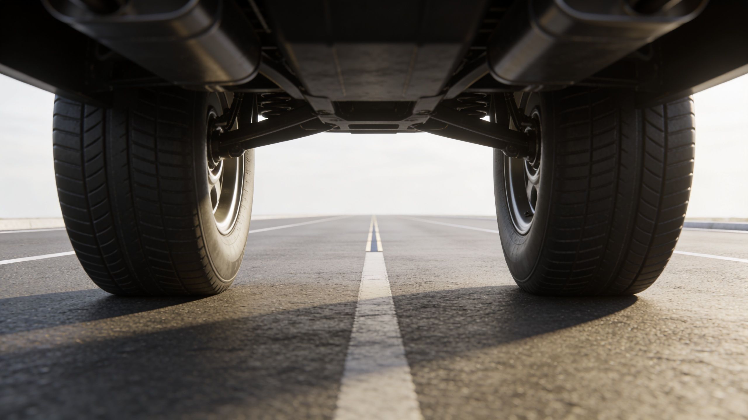 A close-up view from underneath a car showing tires and suspension components on a paved road.
