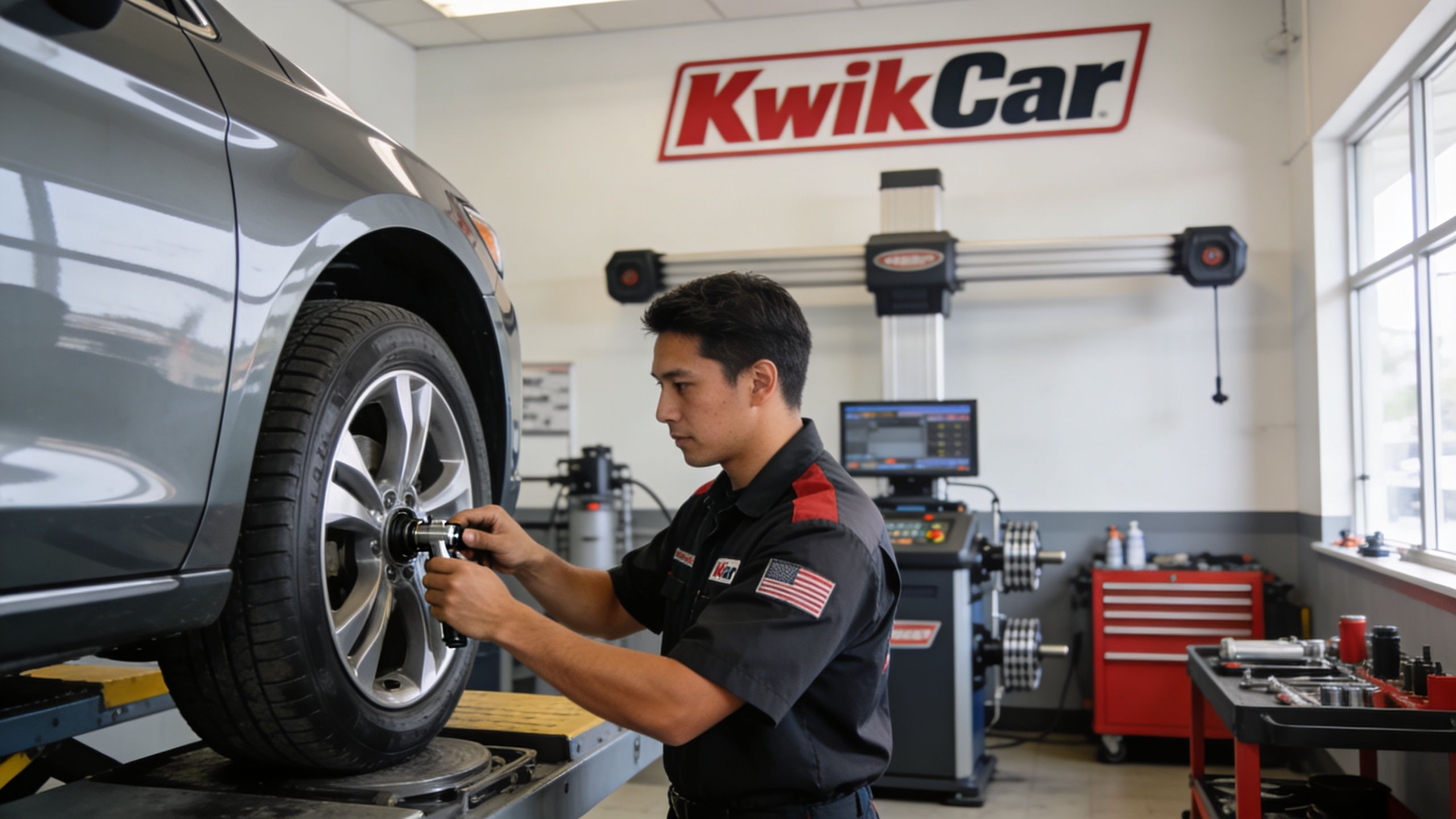 A professional mechanic in a black uniform performing a wheel alignment on a car in a service shop.