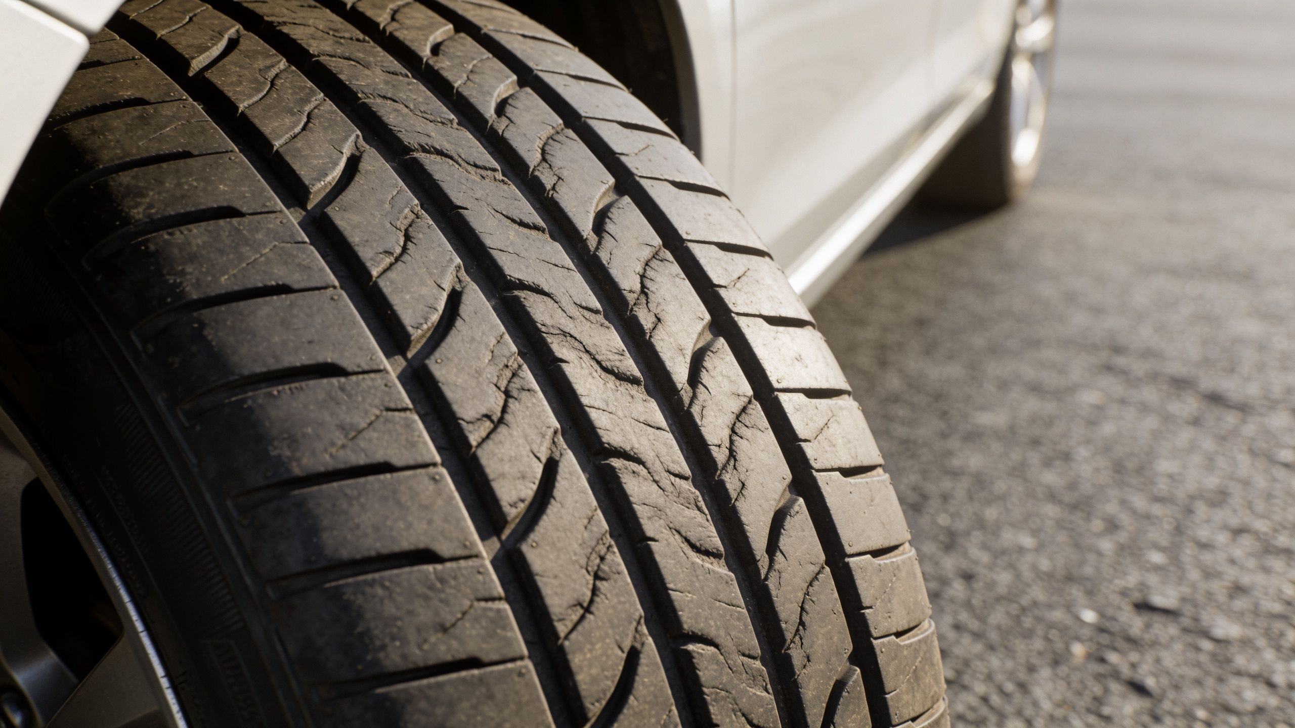 A close-up view of a car tire showing signs of significant wear, cracking, and dry rot.