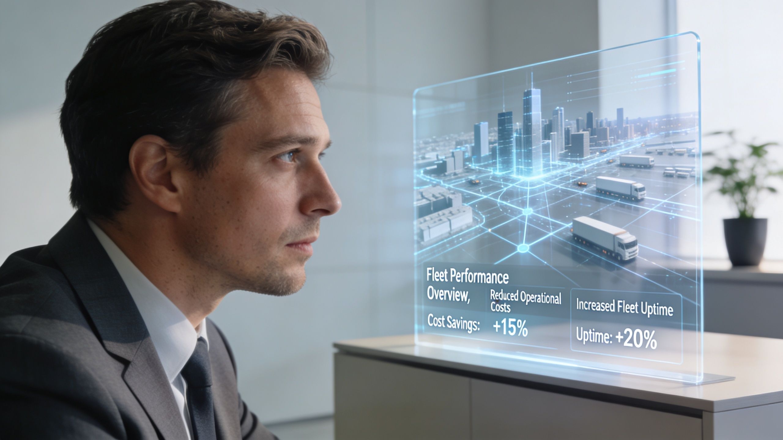 A professional man reviewing fleet performance data on a futuristic transparent digital display screen in an office.