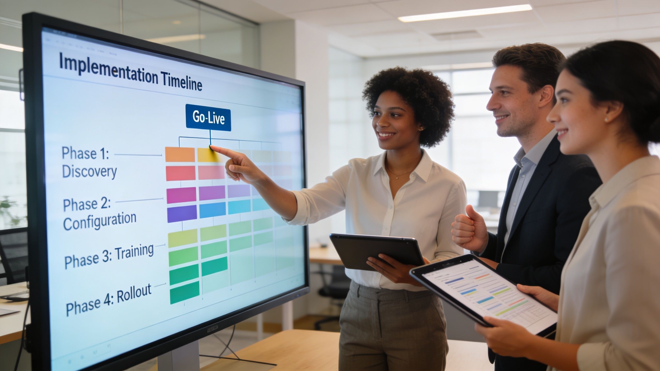 A diverse business team collaborating on an implementation timeline project using a large digital display screen.