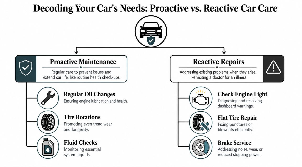 An infographic comparing proactive car maintenance, such as oil changes, to reactive repairs like brake service.