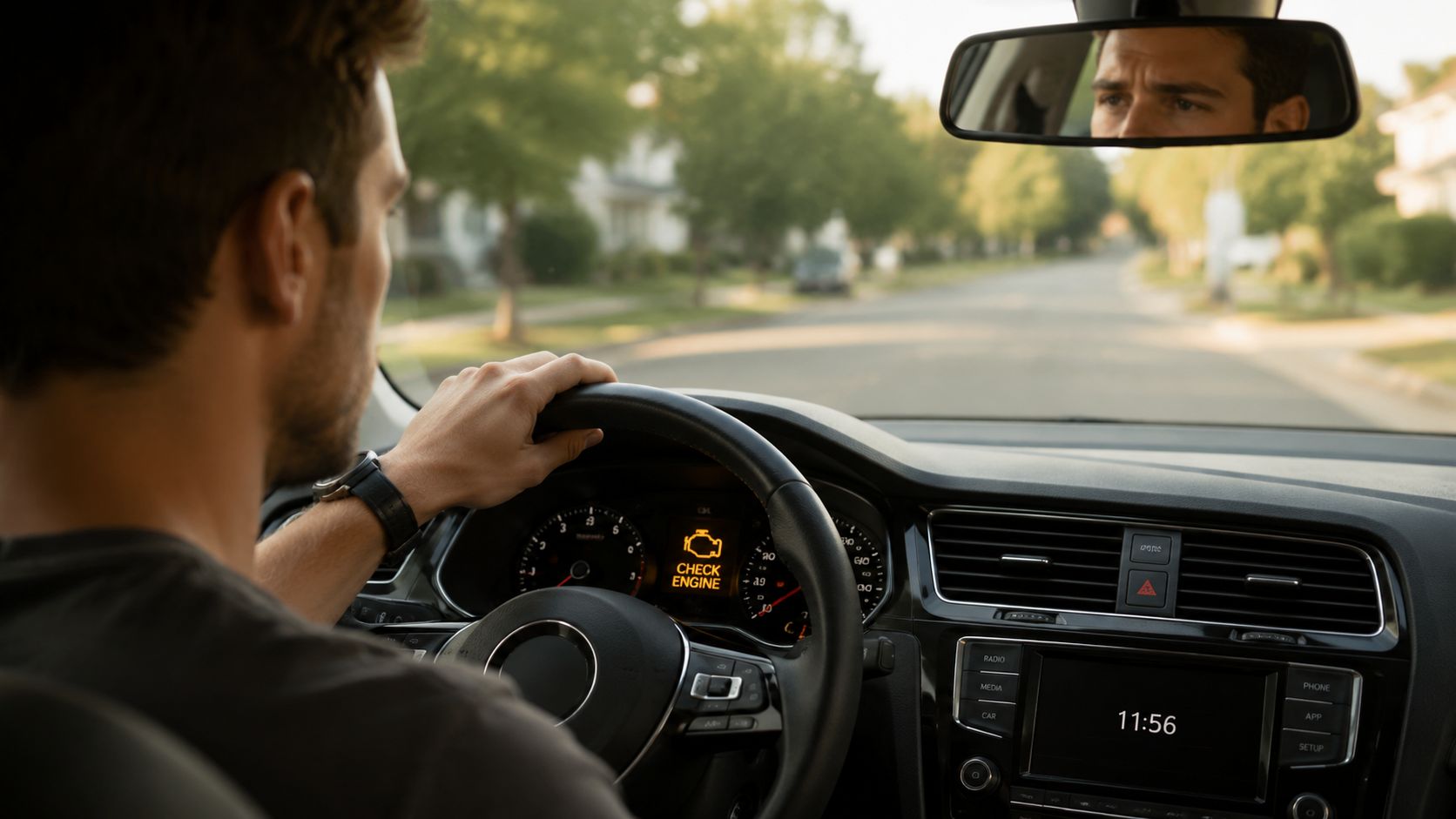 A driver focuses on the road ahead as a check engine light illuminates the dashboard instrument cluster.