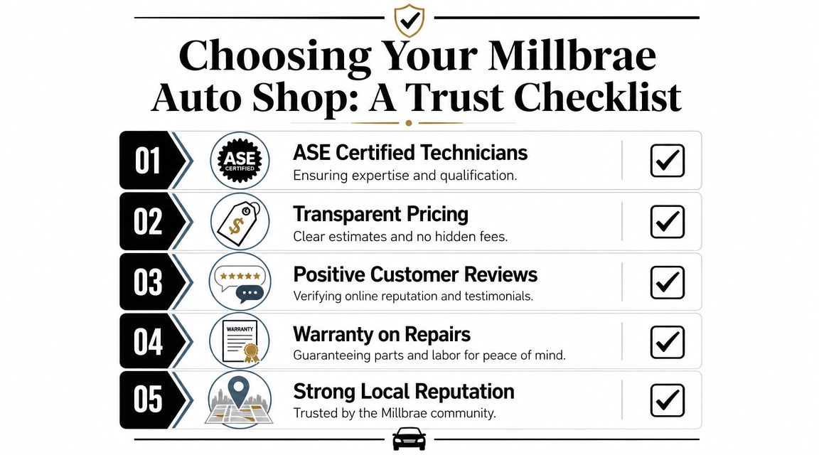 A checklist infographic titled Choosing Your Millbrae Auto Shop featuring five key service standards for customers.