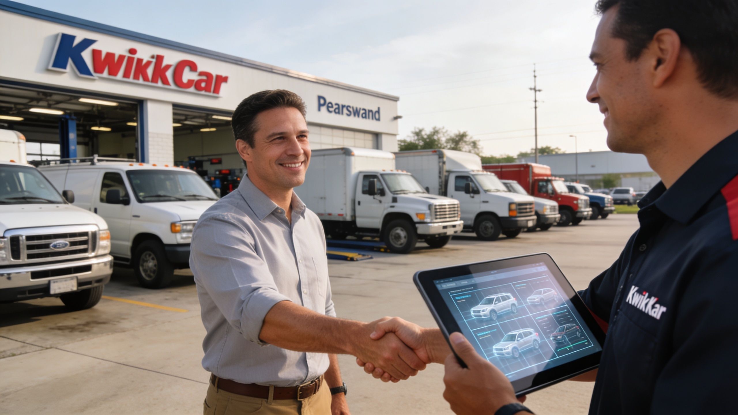A friendly customer shaking hands with a Kwikk Kar technician holding a tablet displaying vehicle information.