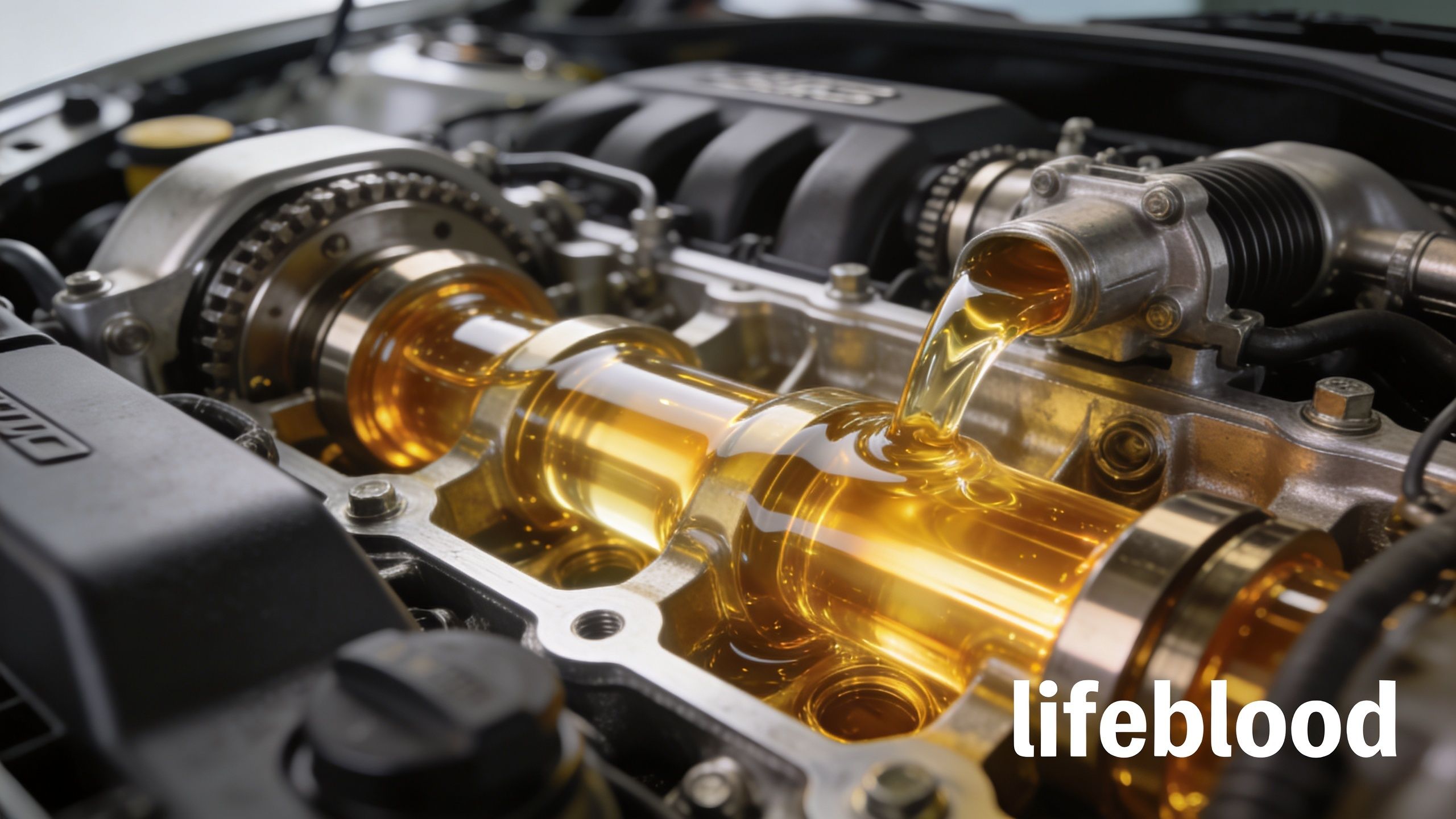 Close up view of clean golden motor oil pouring over metallic internal engine parts during maintenance.