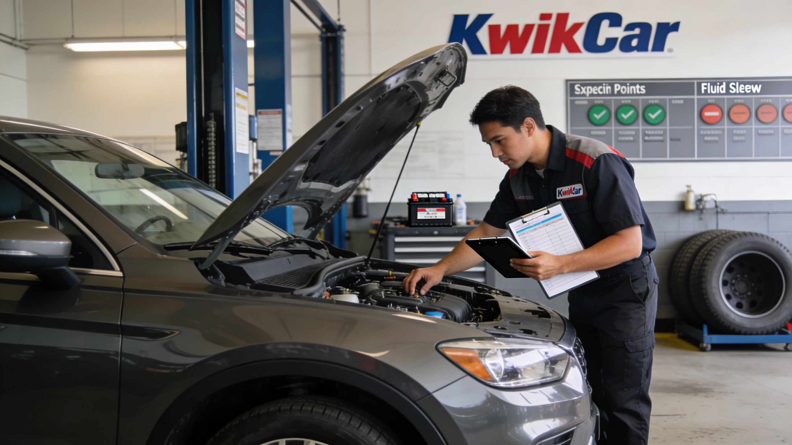 A professional mechanic in a KwikCar uniform inspecting a vehicle engine with a clipboard in the garage.