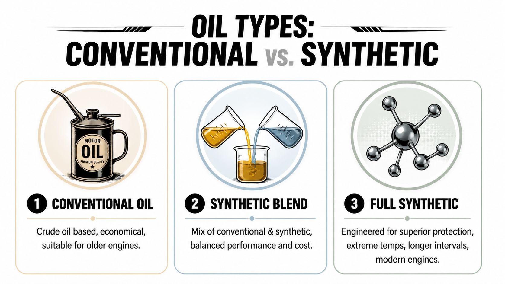 A graphic comparing three types of motor oil: conventional, synthetic blend, and full synthetic for engine maintenance.