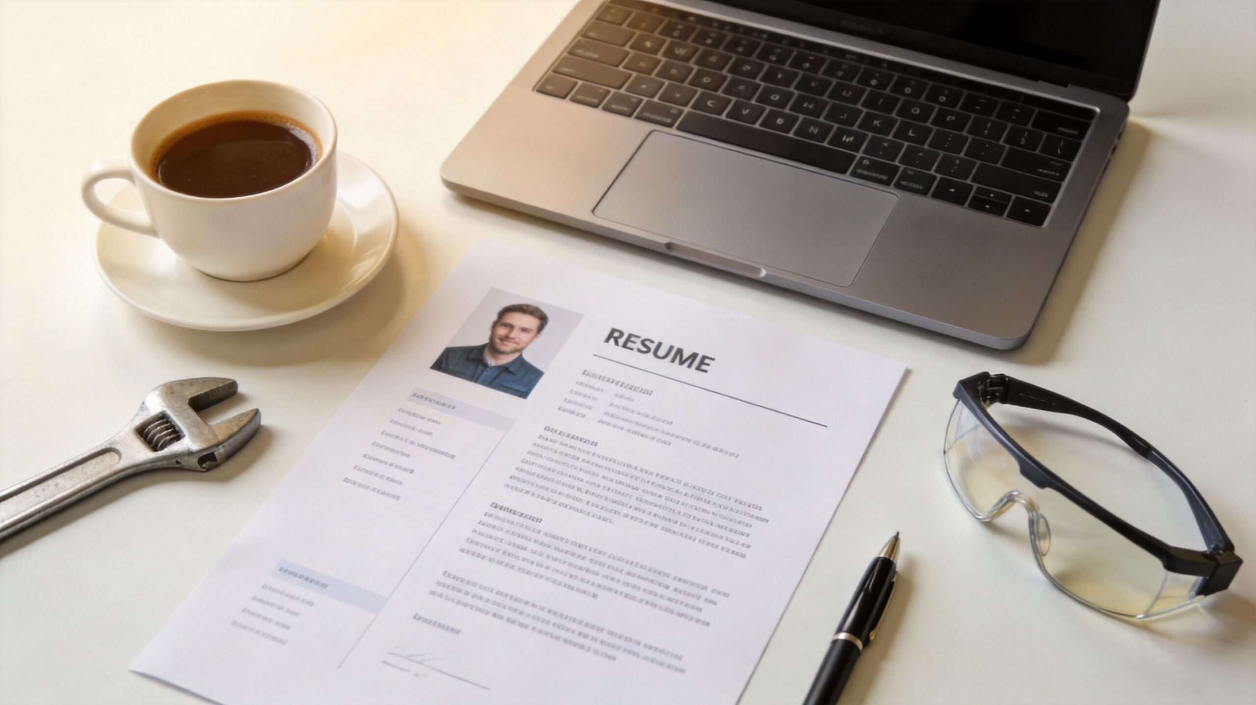 A professional resume lying on a desk next to a laptop, a cup of coffee, and safety goggles.