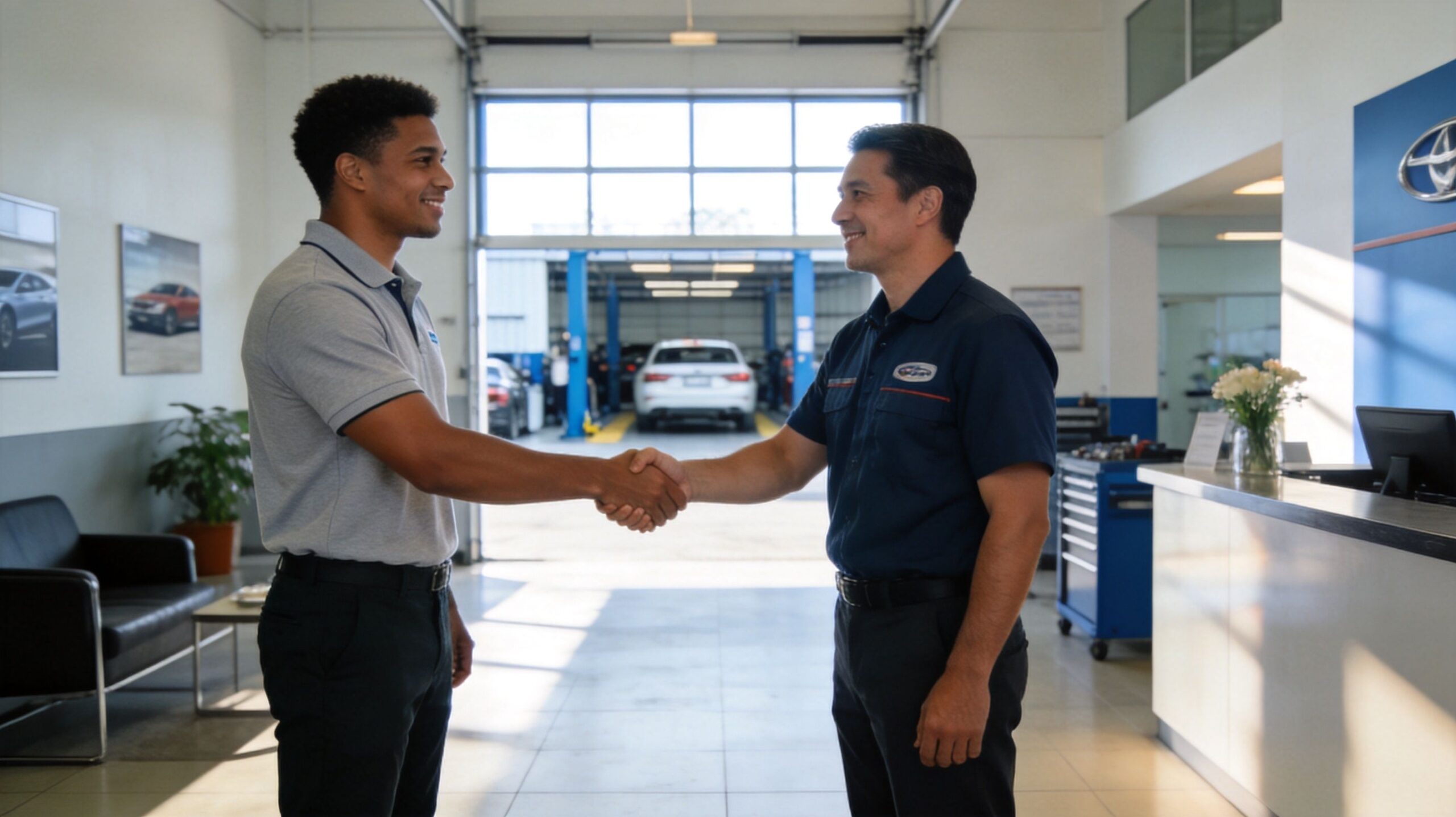 A professional service advisor and a technician shaking hands in a bright, modern car dealership service center.