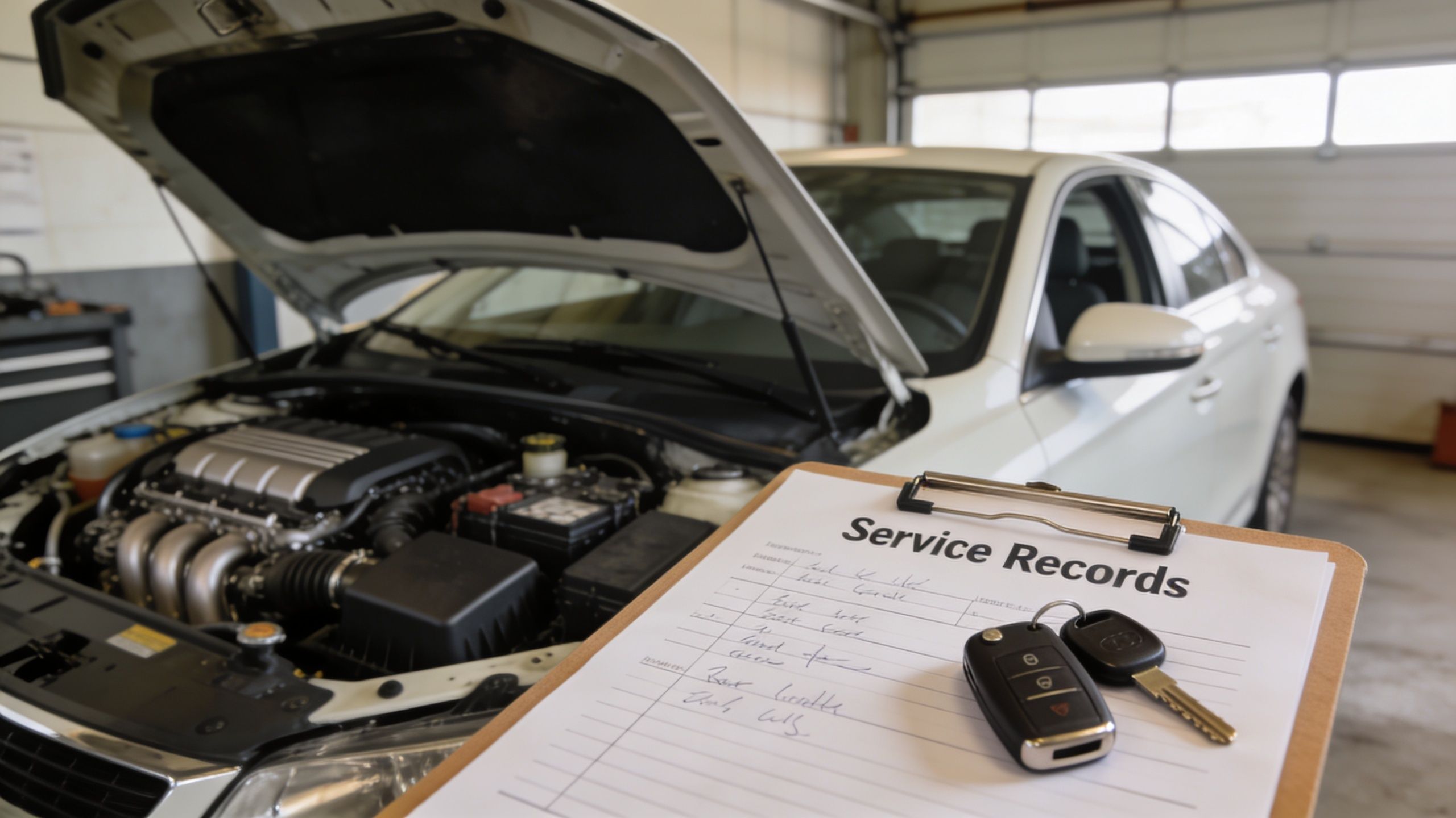 A service clipboard with keys held in front of a white car with its hood open in a garage.