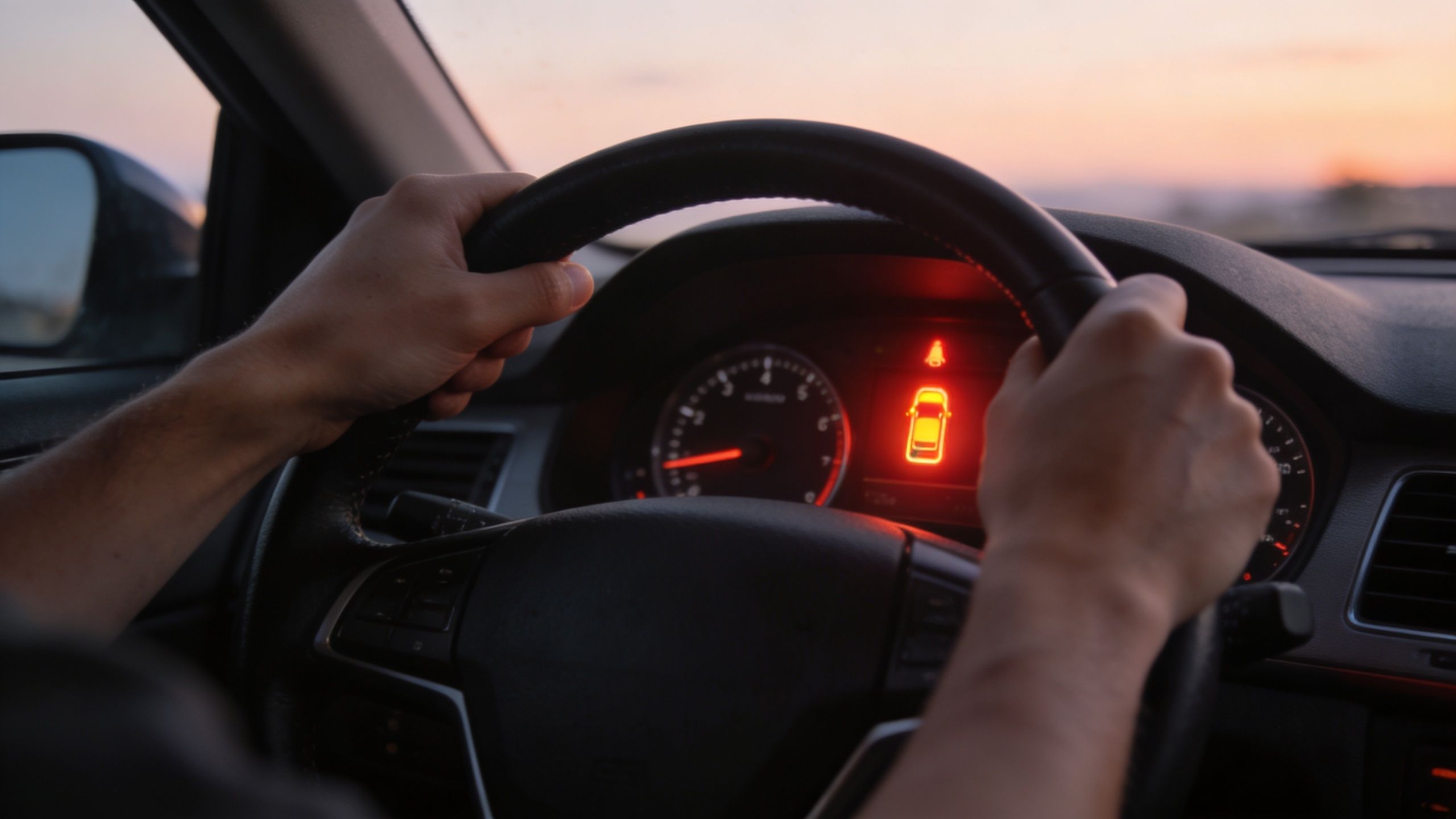 A person driving a car at sunset with a dashboard indicator showing an open car door alert.