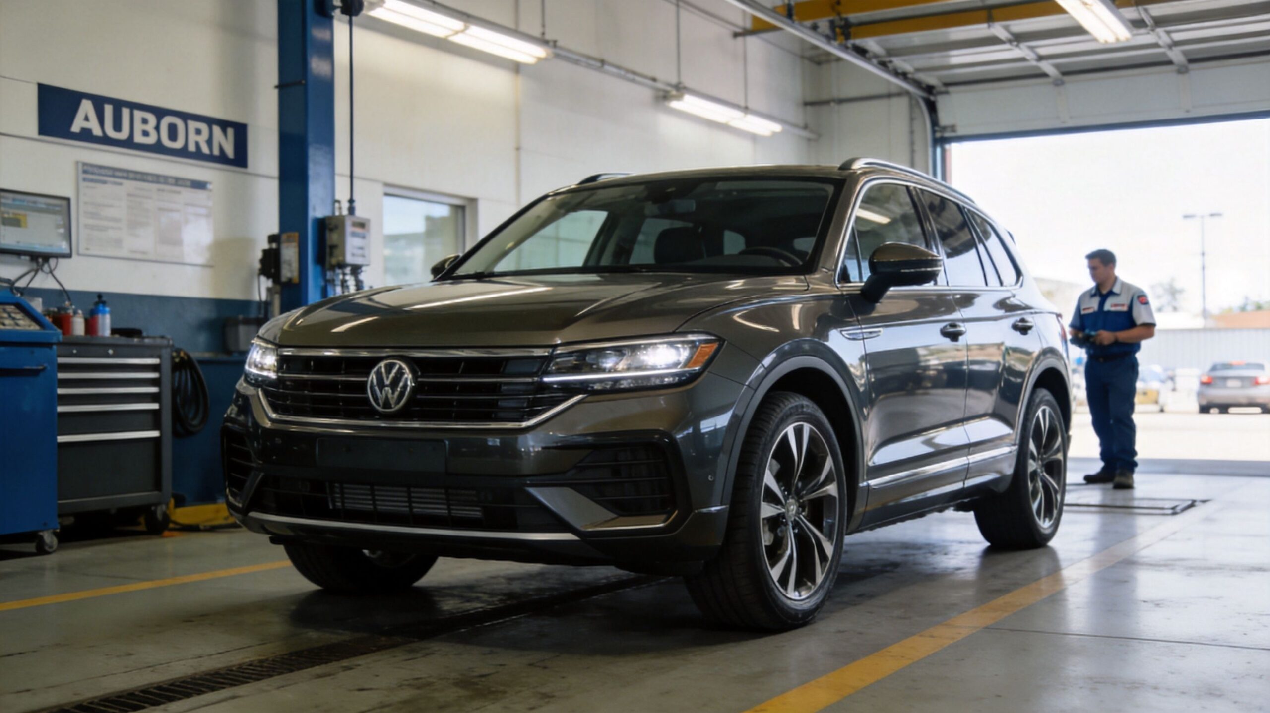 A gray Volkswagen SUV parked inside an Auburn auto repair service center with a technician standing nearby.