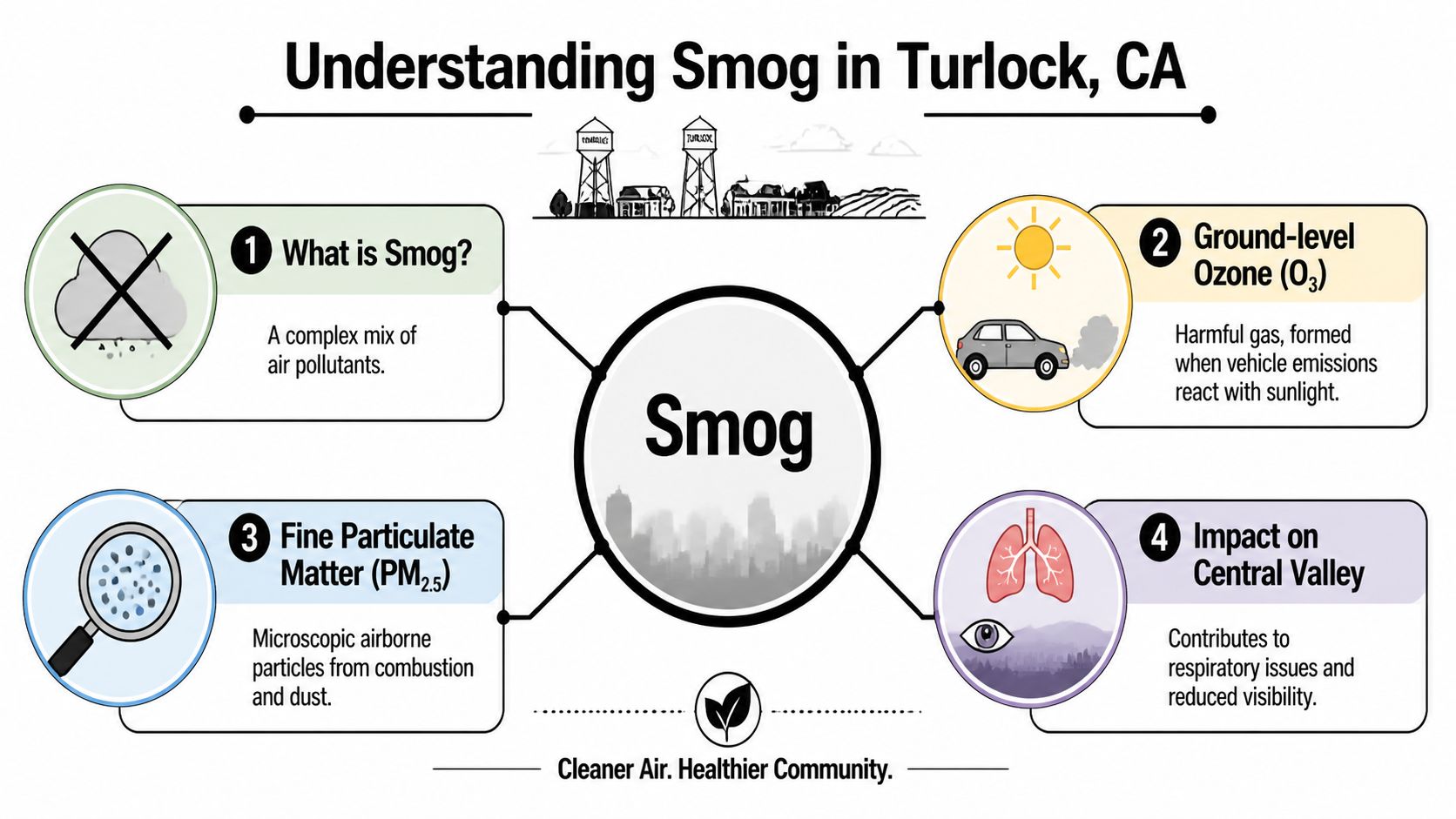 An infographic titled Understanding Smog in Turlock, CA, detailing causes, components, and health impacts of air pollution.