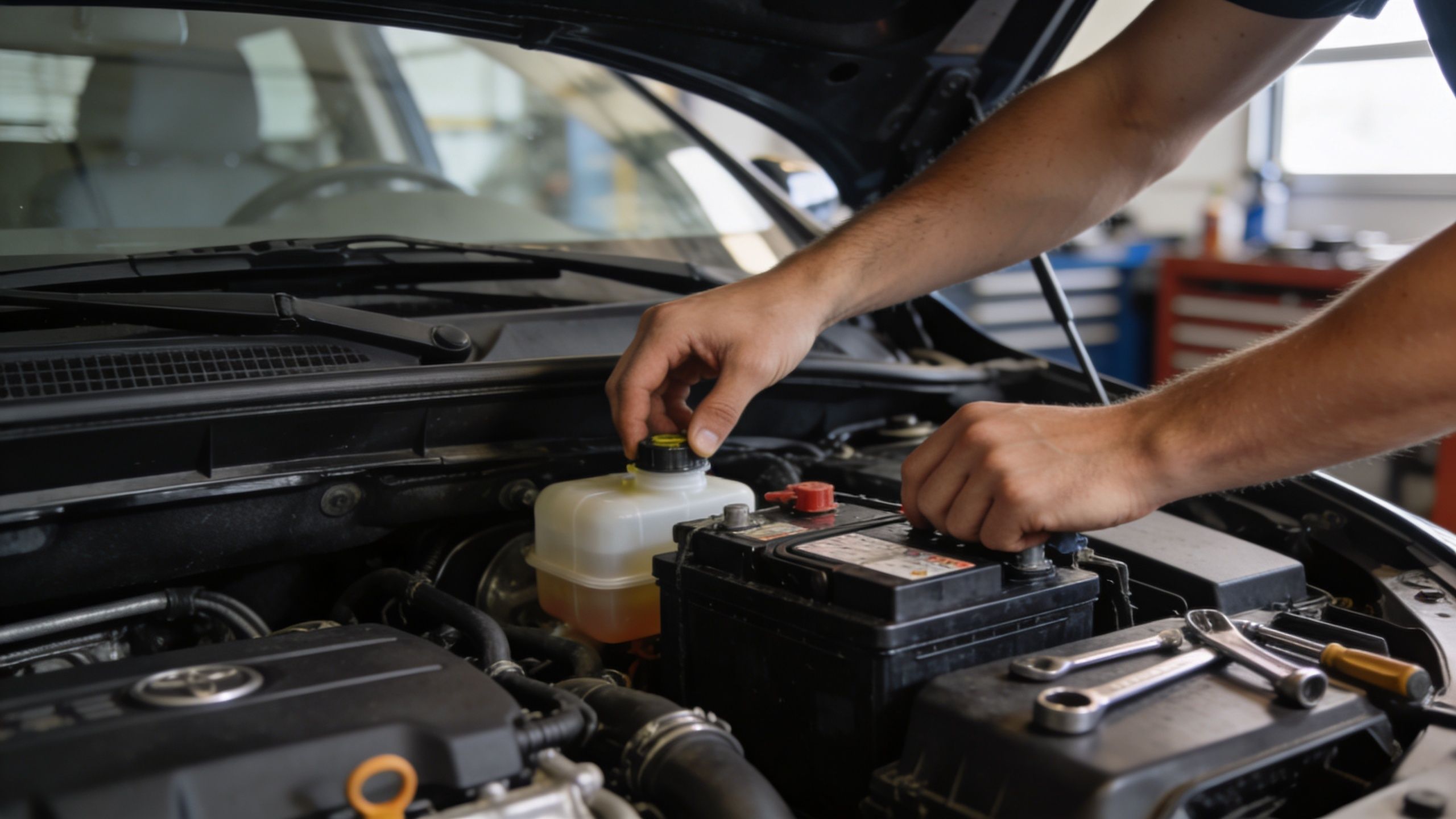 A car mechanic working on the engine bay of a vehicle in an auto repair shop.