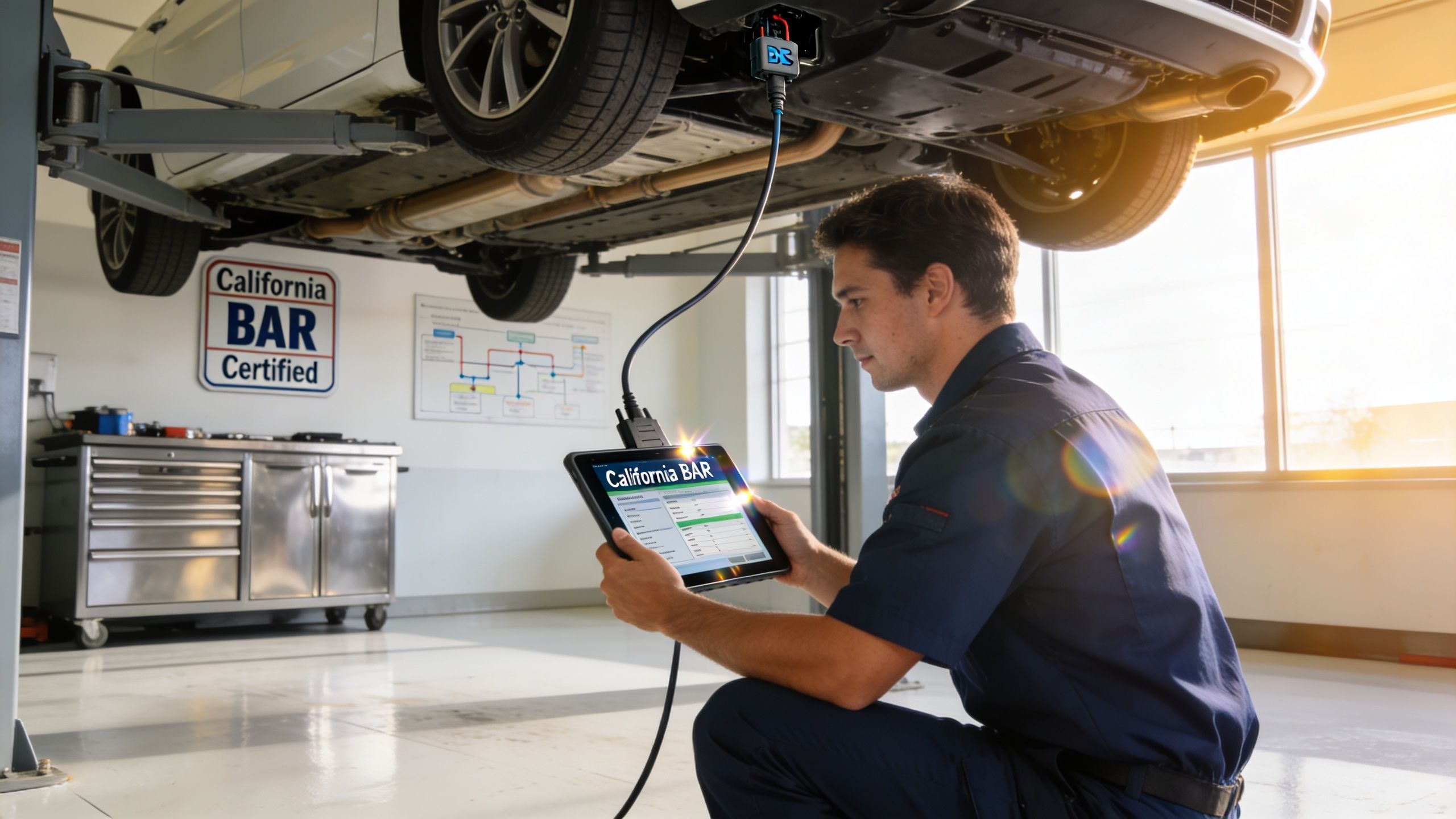 A professional mechanic performing a certified smog inspection on a car raised on a lift in a workshop.