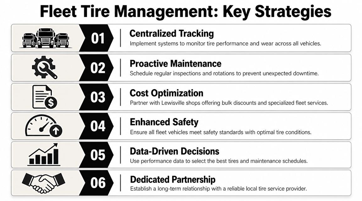 A graphic listing six key strategies for effective fleet tire management to improve vehicle performance and safety.
