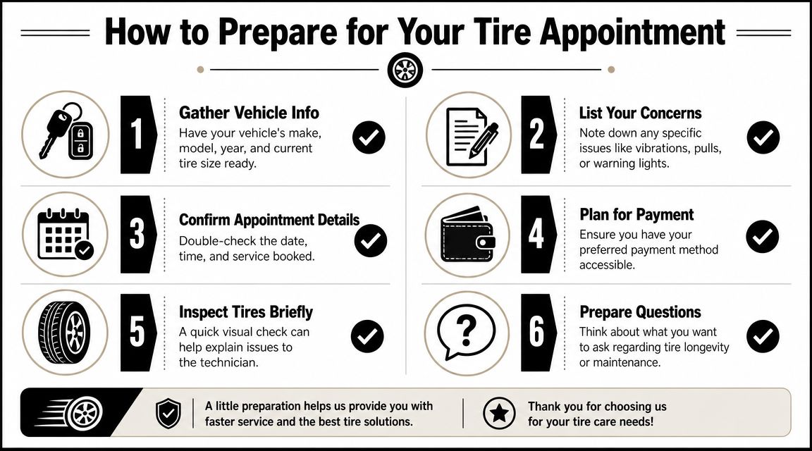 A checklist infographic illustrating six essential steps to prepare for a professional tire service appointment.