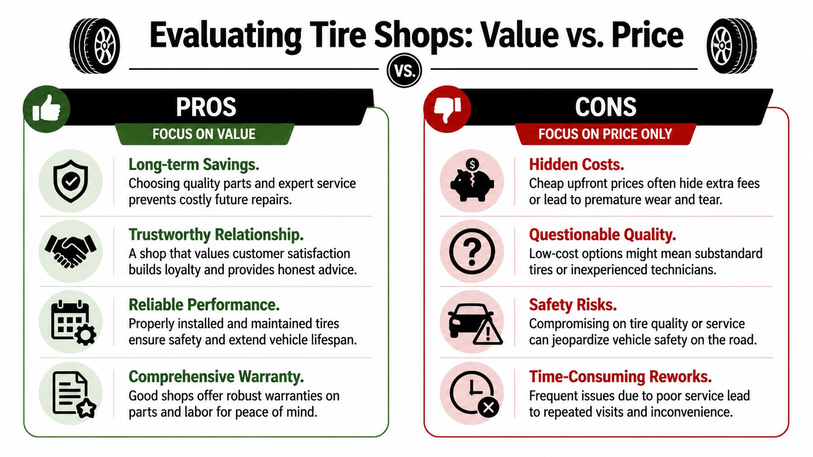 A comparison chart showing the benefits of choosing value-based tire shops versus the drawbacks of low-price shops.