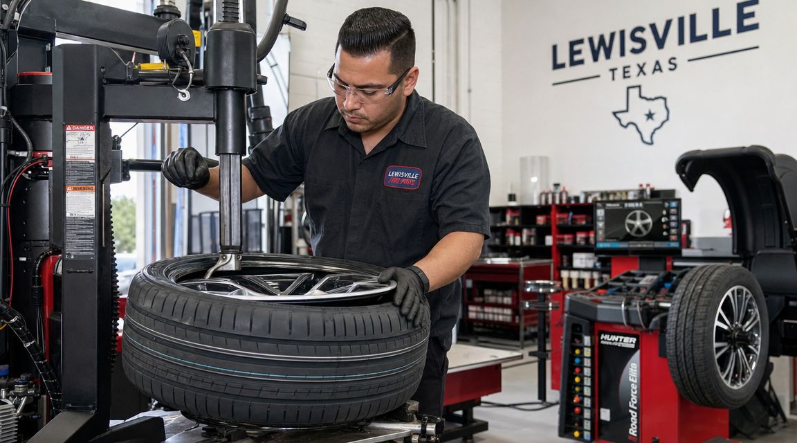 A professional mechanic in a black uniform working on a car tire at a repair shop.