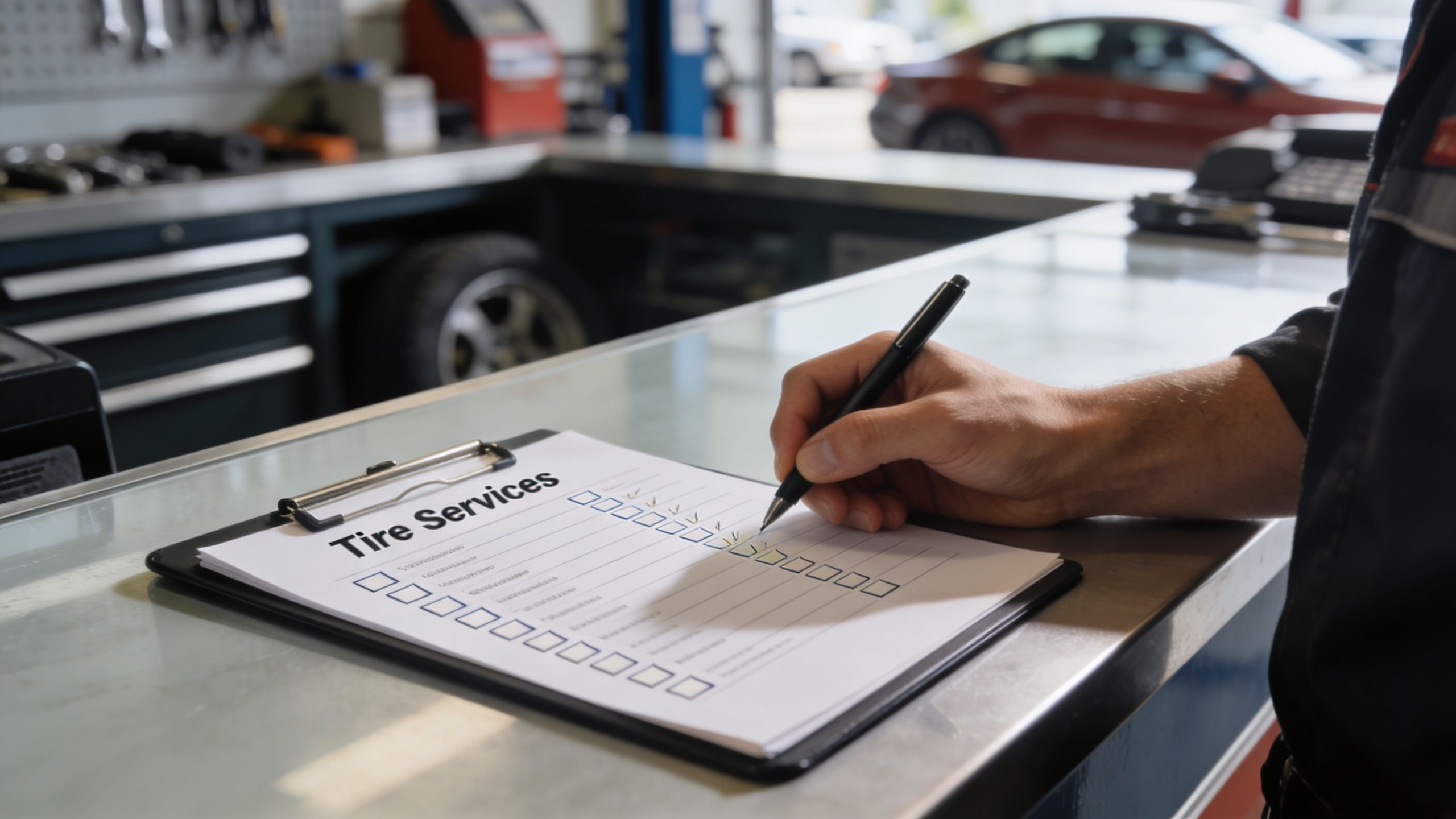 A service technician filling out a tire services inspection checklist on a clipboard at an automotive repair shop.