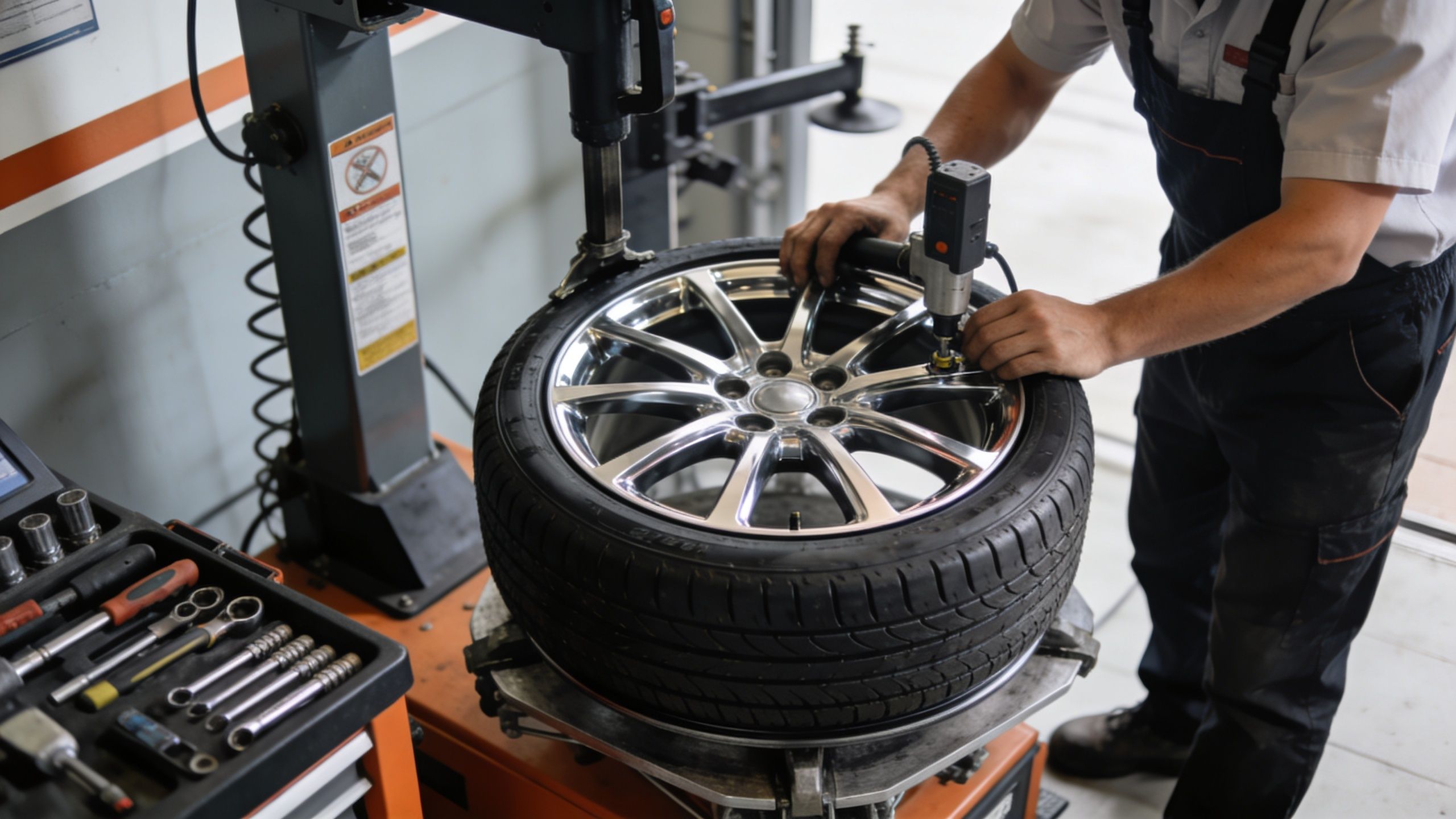 A professional mechanic using a pneumatic tool to inflate or service a car tire at a repair shop.