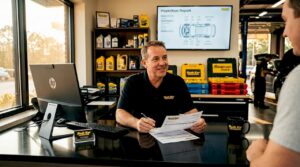 Auto repair manager reviewing a repair estimate