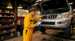 Technician inspecting SUV engine in repair garage